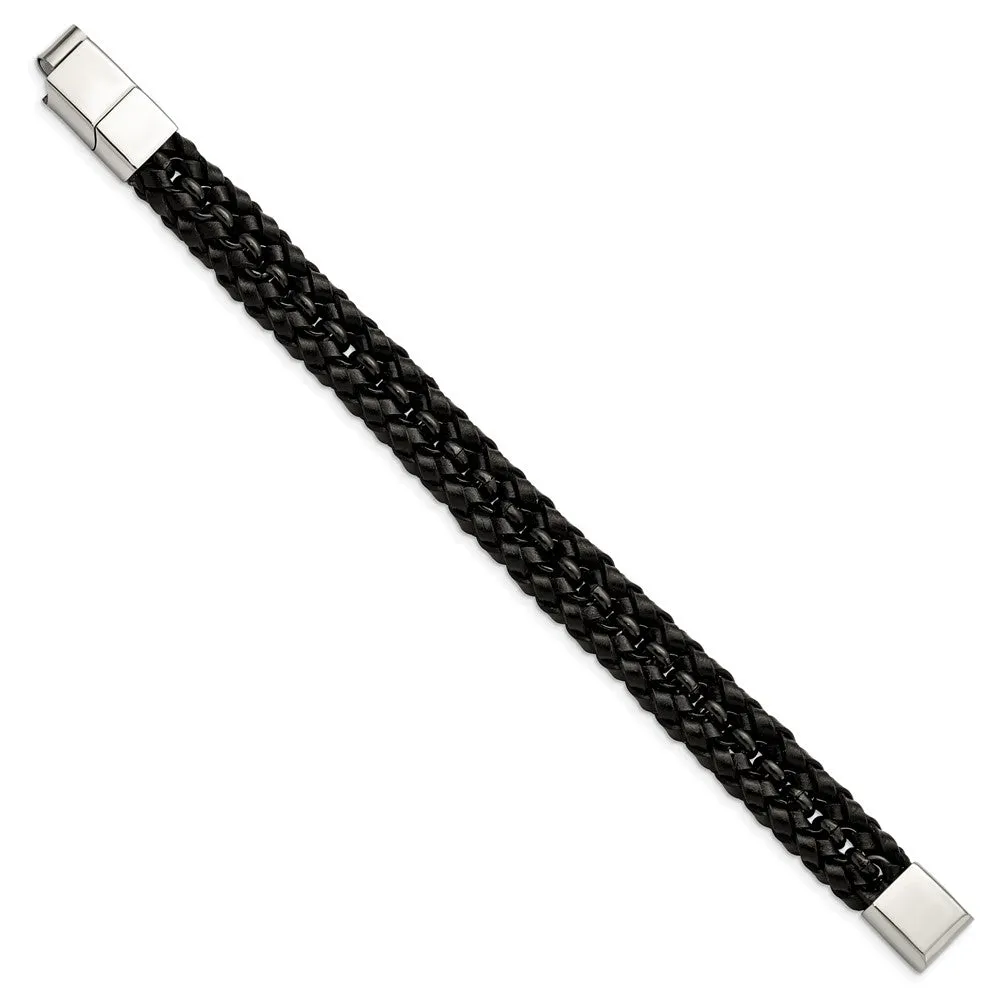 14.5mm Black Plated Stainless Steel & Blk Leather Bracelet, 7.5-8 Inch