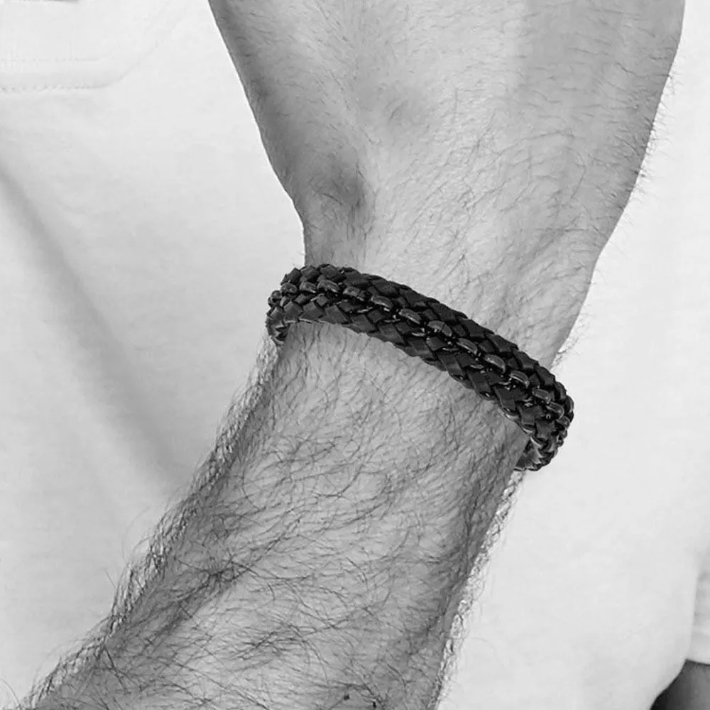 14.5mm Black Plated Stainless Steel & Blk Leather Bracelet, 7.5-8 Inch