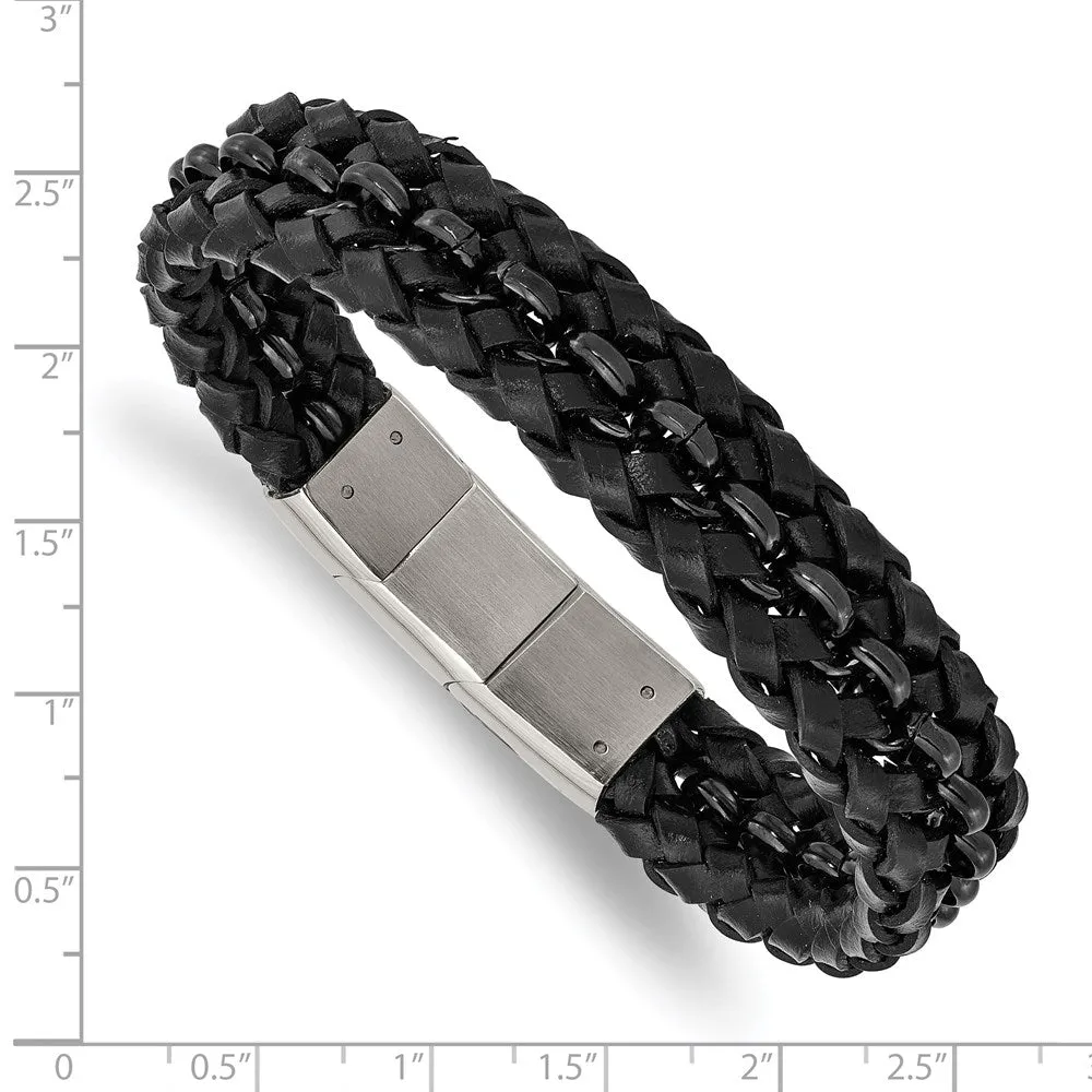 14.5mm Black Plated Stainless Steel & Blk Leather Bracelet, 7.5-8 Inch