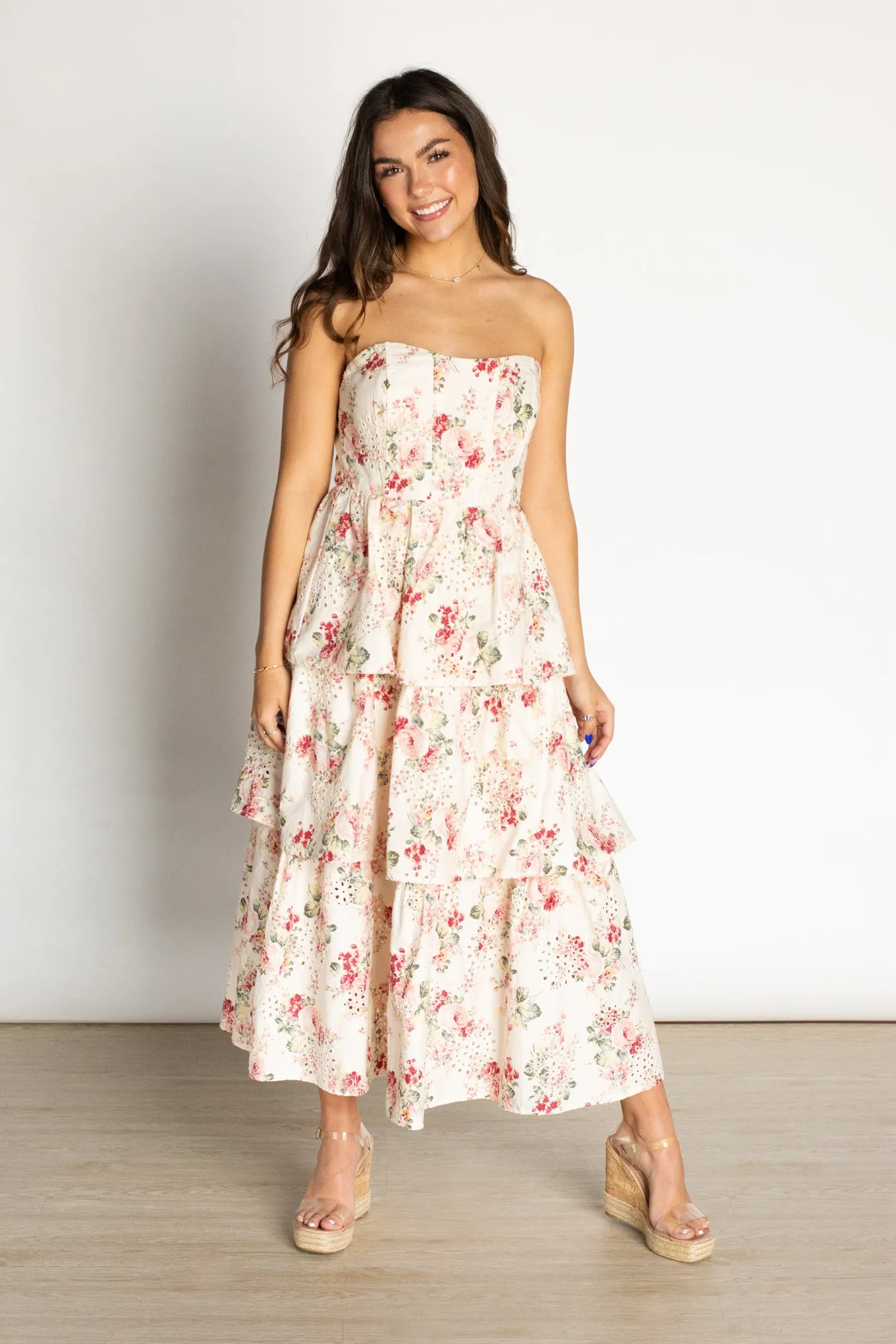 Adore the Feeling Floral Eyelet Corset Midi Dress