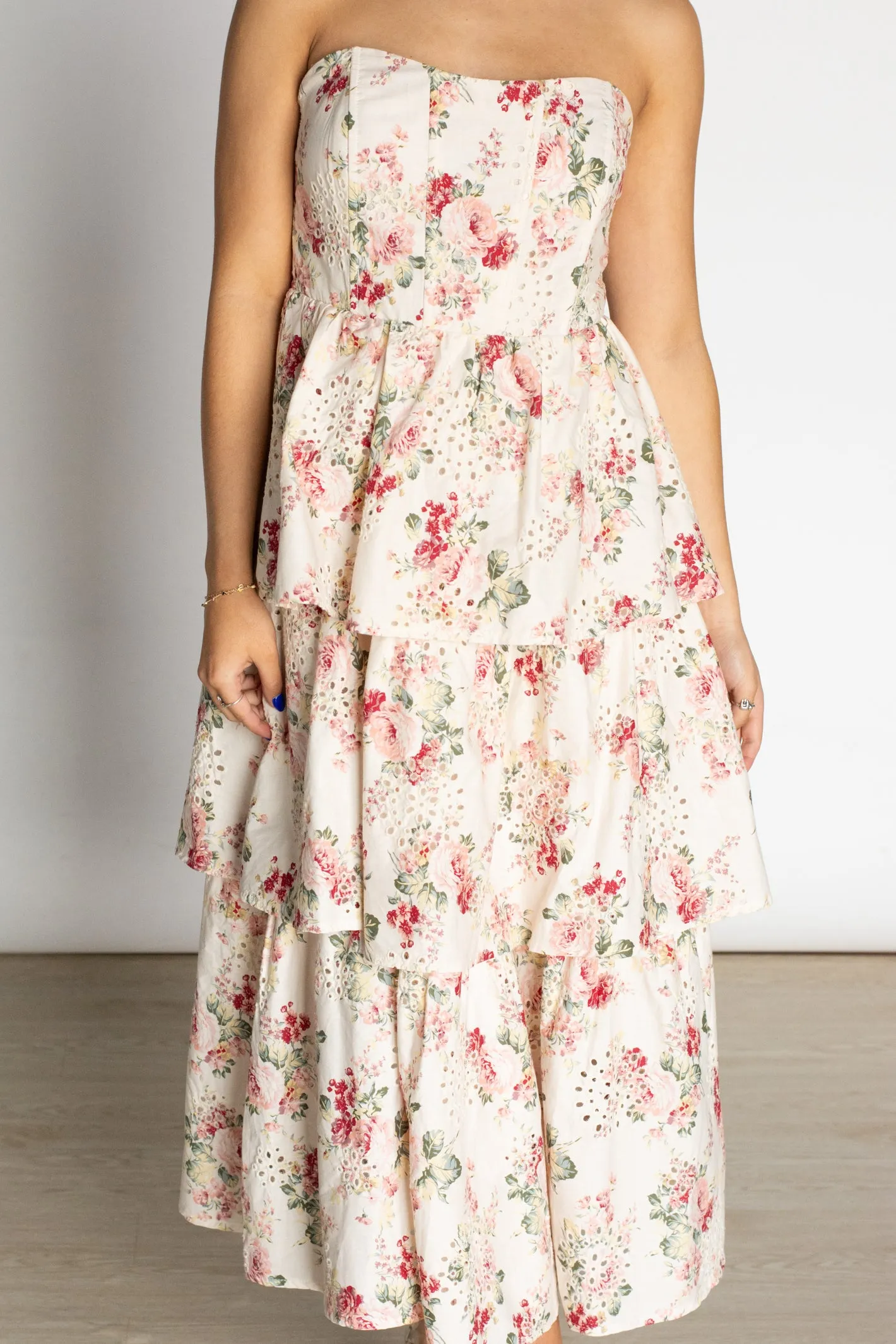 Adore the Feeling Floral Eyelet Corset Midi Dress