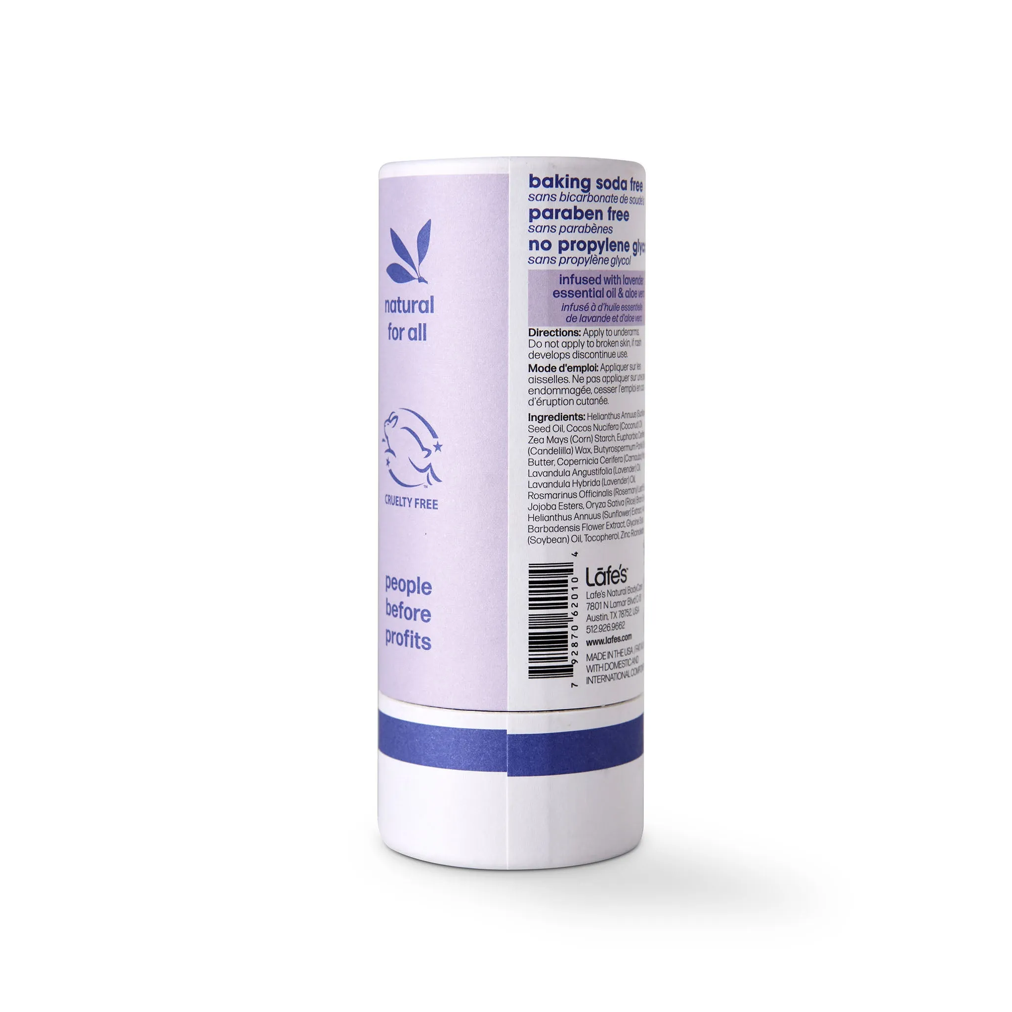 Aluminum Free Stick Deodorant in PAPER BARRELfor Men & Women (Lavender & Aloe) 2.25 oz