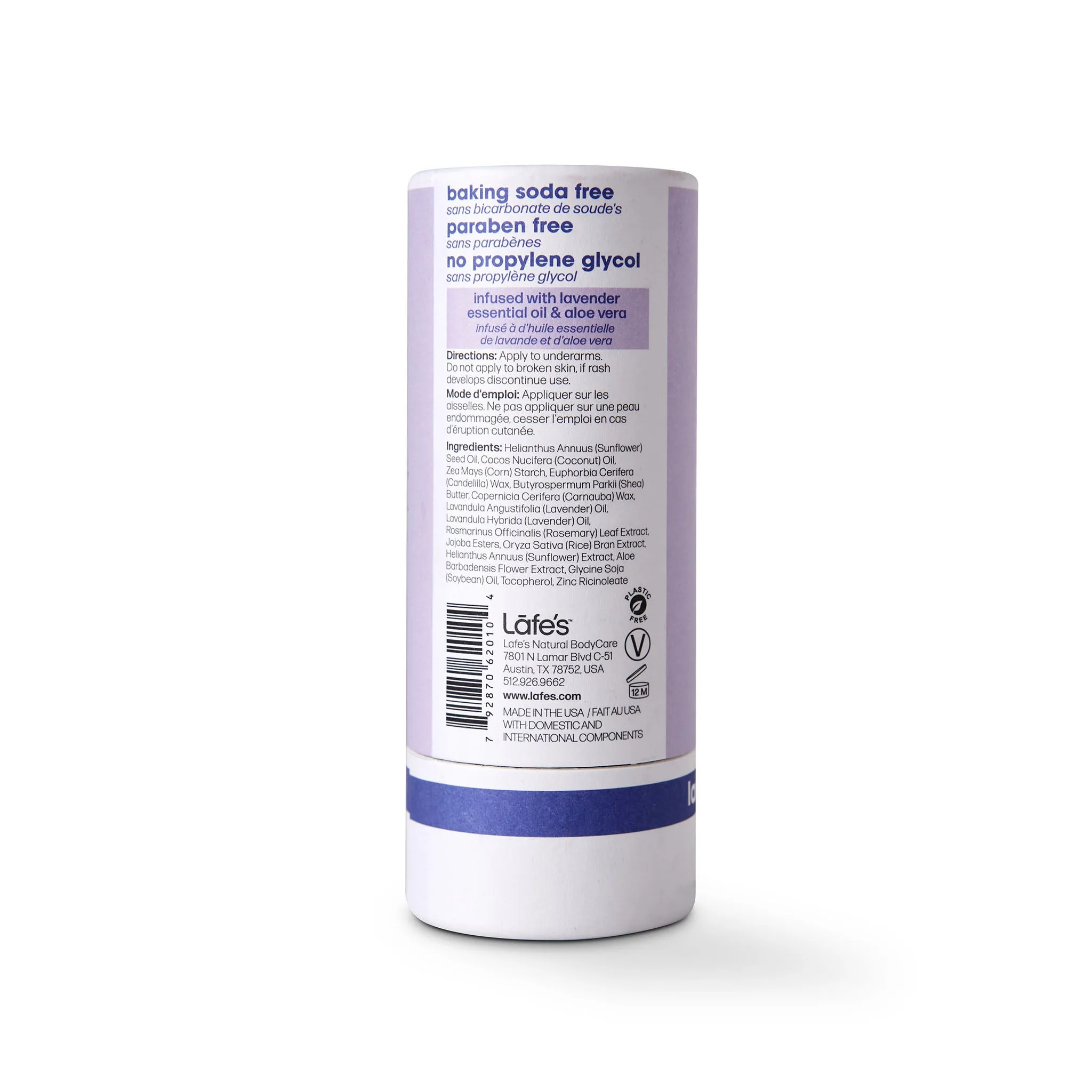 Aluminum Free Stick Deodorant in PAPER BARRELfor Men & Women (Lavender & Aloe) 2.25 oz