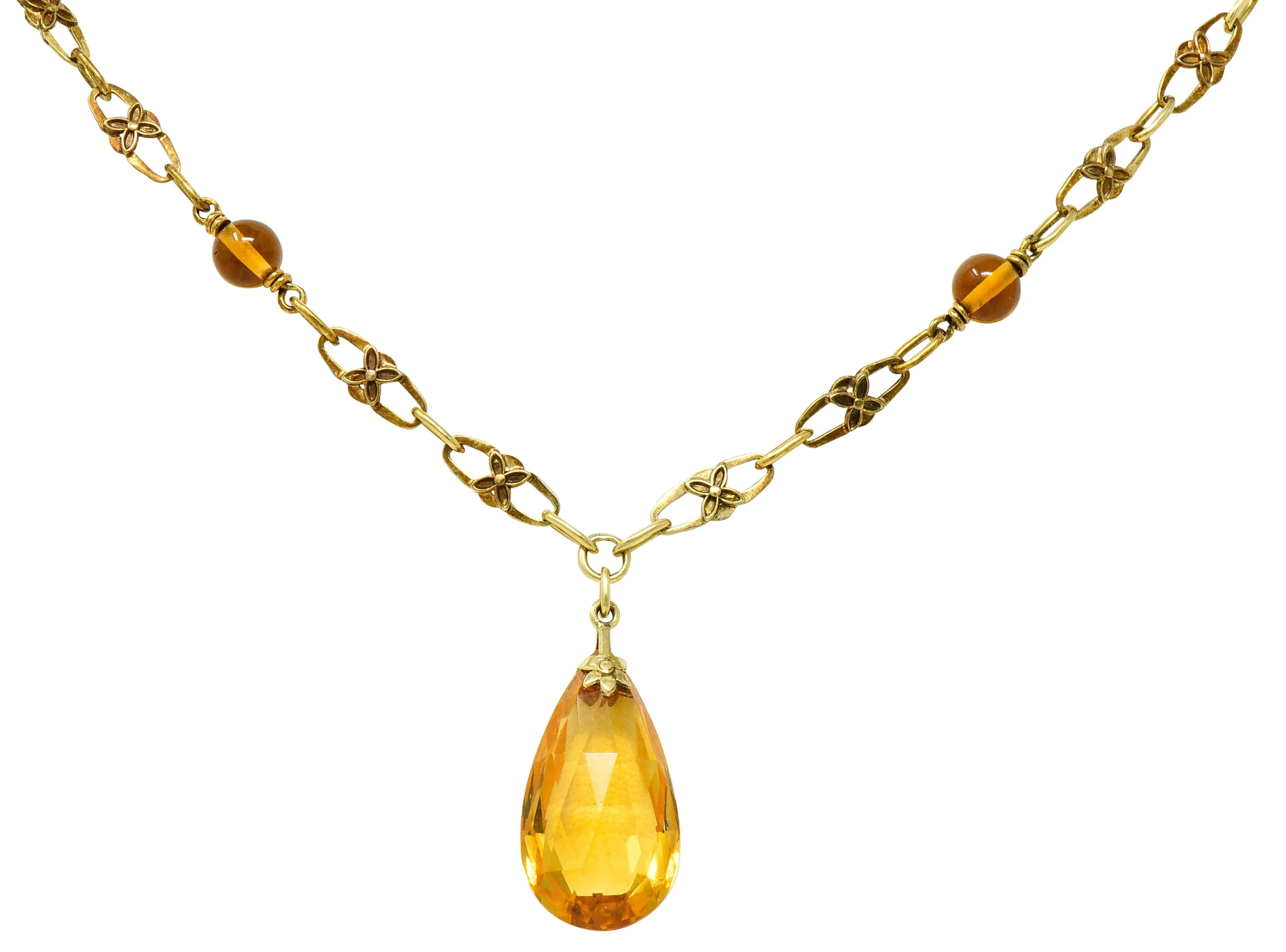 Art Nouveau Citrine 14 Karat Gold Floral Drop Necklace