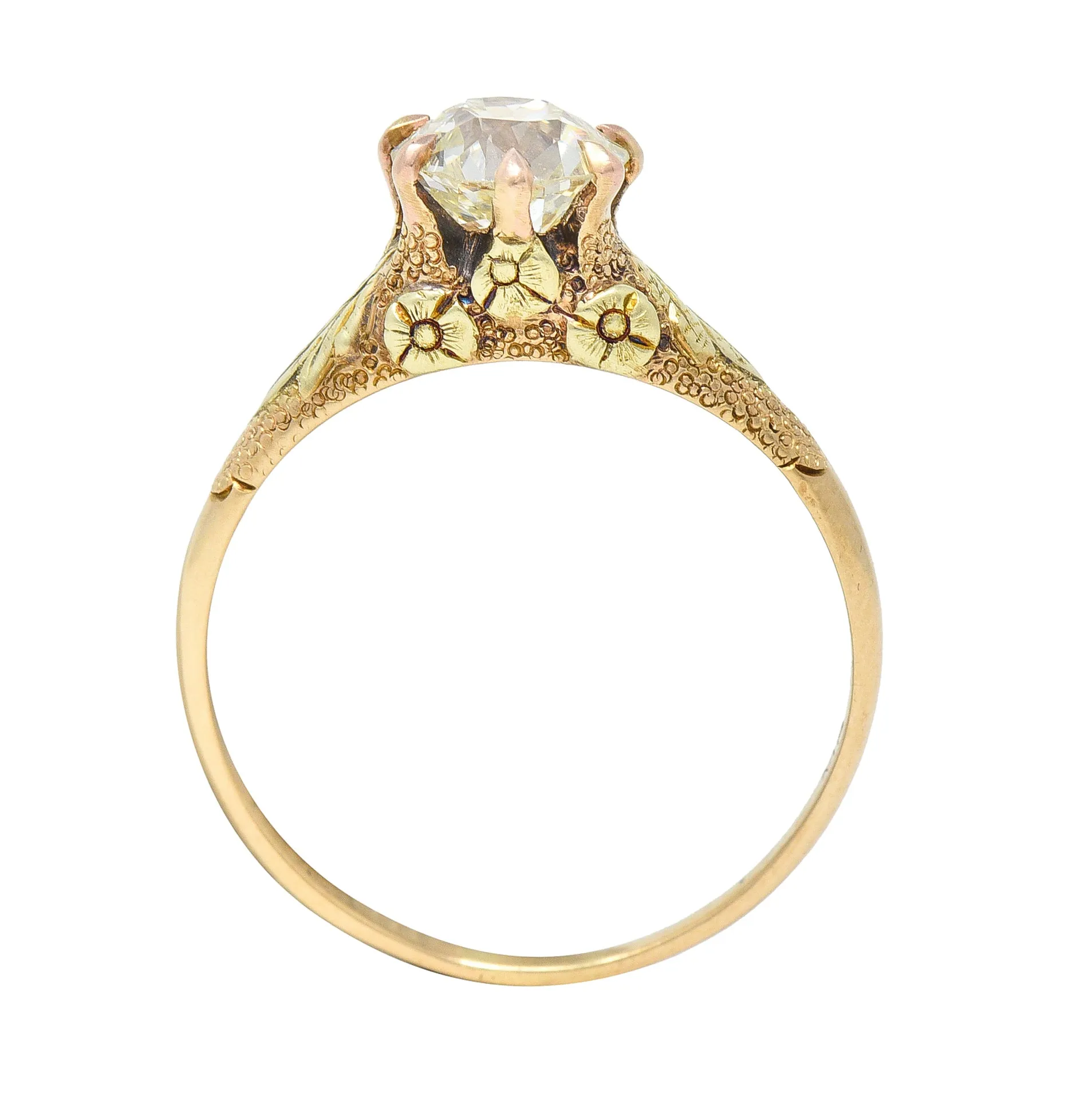 Arts & Crafts 0.90 CTW Old European Cut Diamond 14 Karat Tri-Gold Floral Antique Engagement Ring