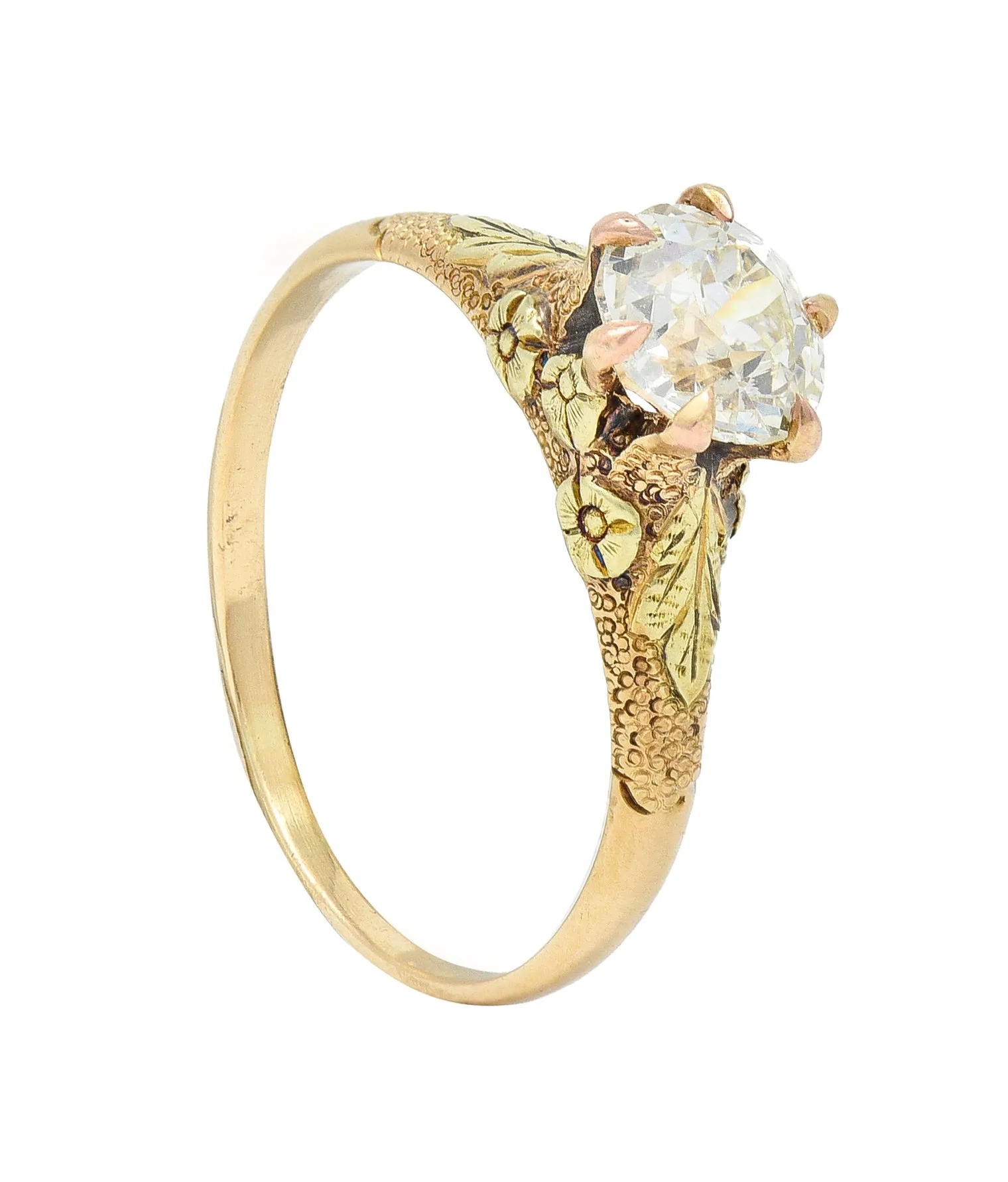 Arts & Crafts 0.90 CTW Old European Cut Diamond 14 Karat Tri-Gold Floral Antique Engagement Ring