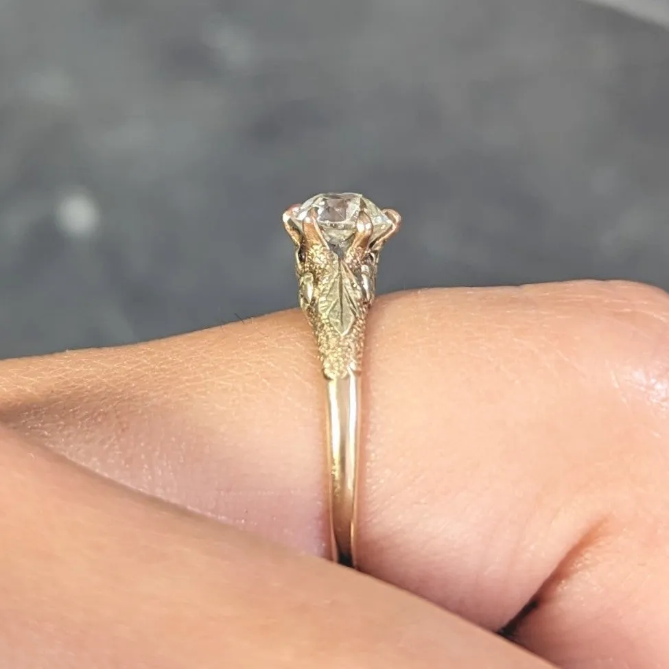 Arts & Crafts 0.90 CTW Old European Cut Diamond 14 Karat Tri-Gold Floral Antique Engagement Ring