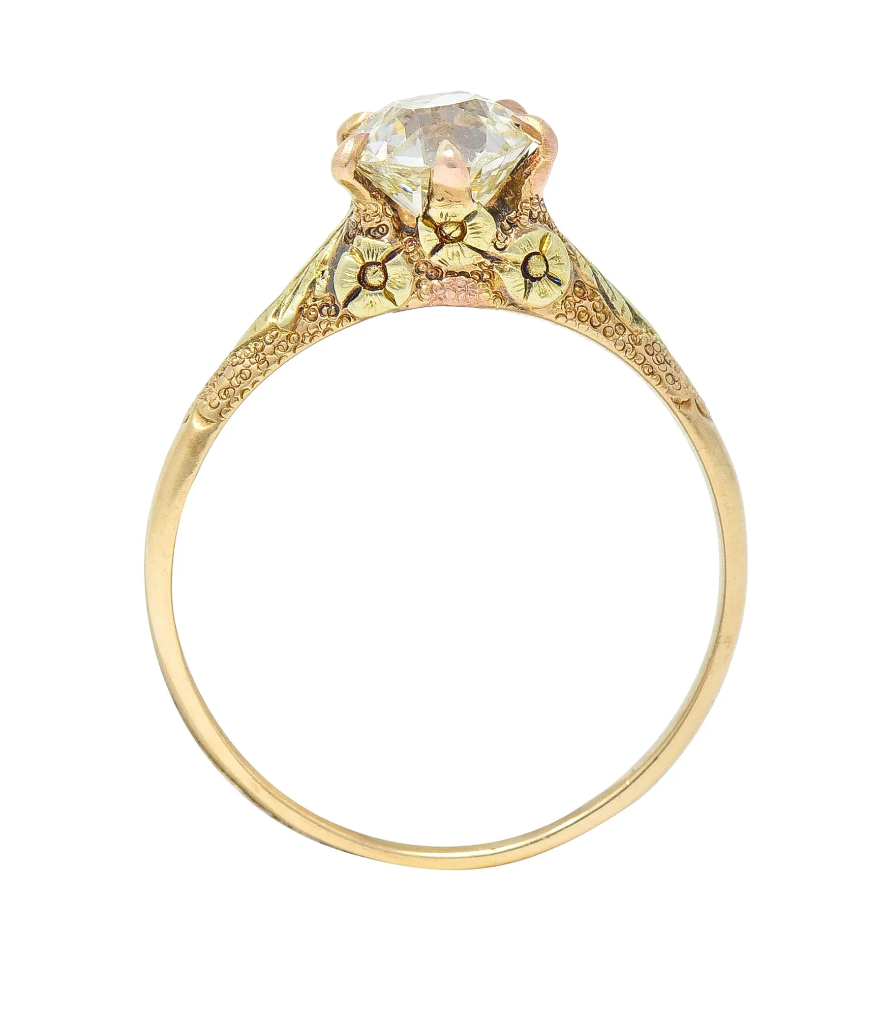 Arts & Crafts 0.90 CTW Old European Cut Diamond 14 Karat Tri-Gold Floral Antique Engagement Ring