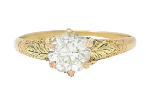 Arts & Crafts 0.90 CTW Old European Cut Diamond 14 Karat Tri-Gold Floral Antique Engagement Ring