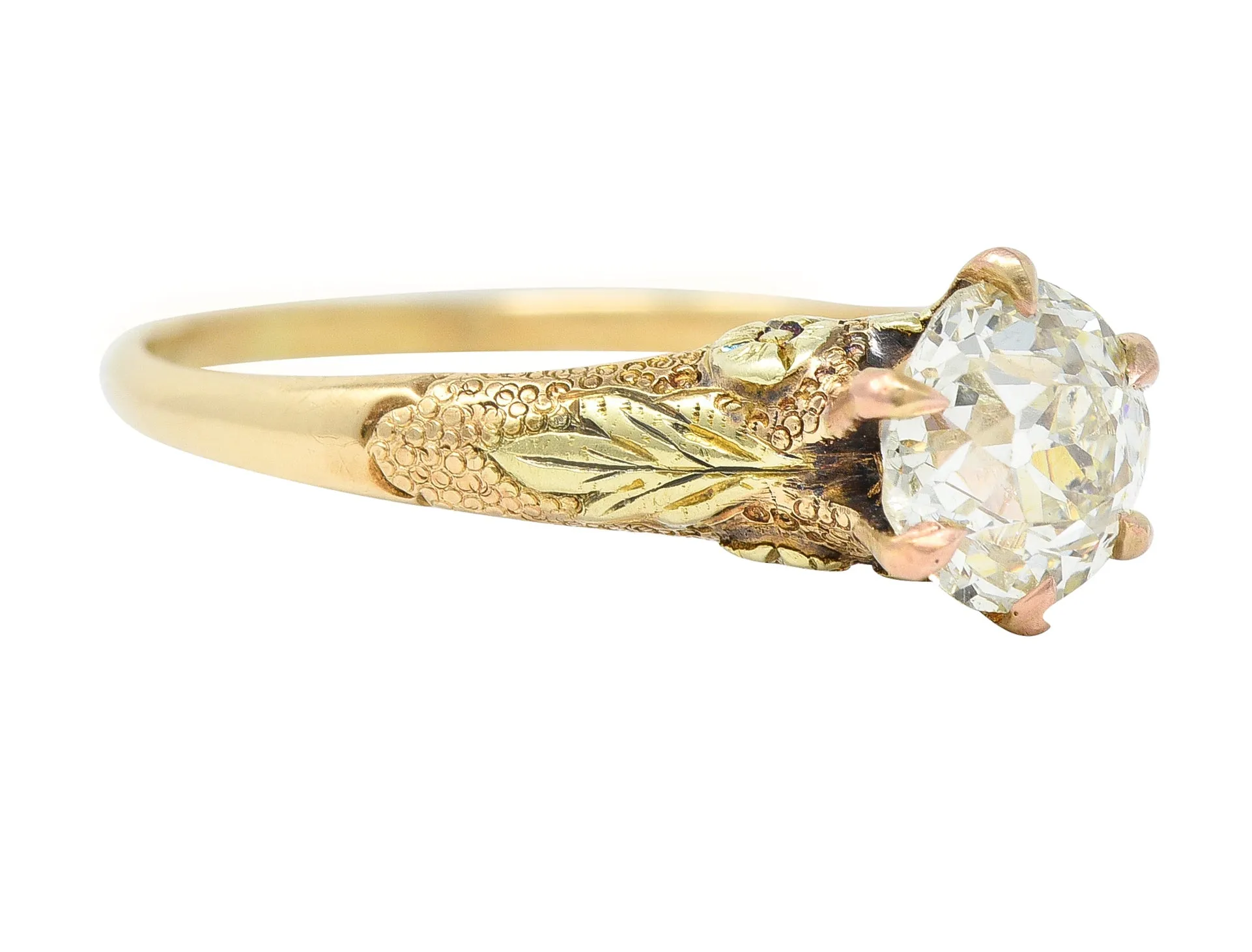 Arts & Crafts 0.90 CTW Old European Cut Diamond 14 Karat Tri-Gold Floral Antique Engagement Ring