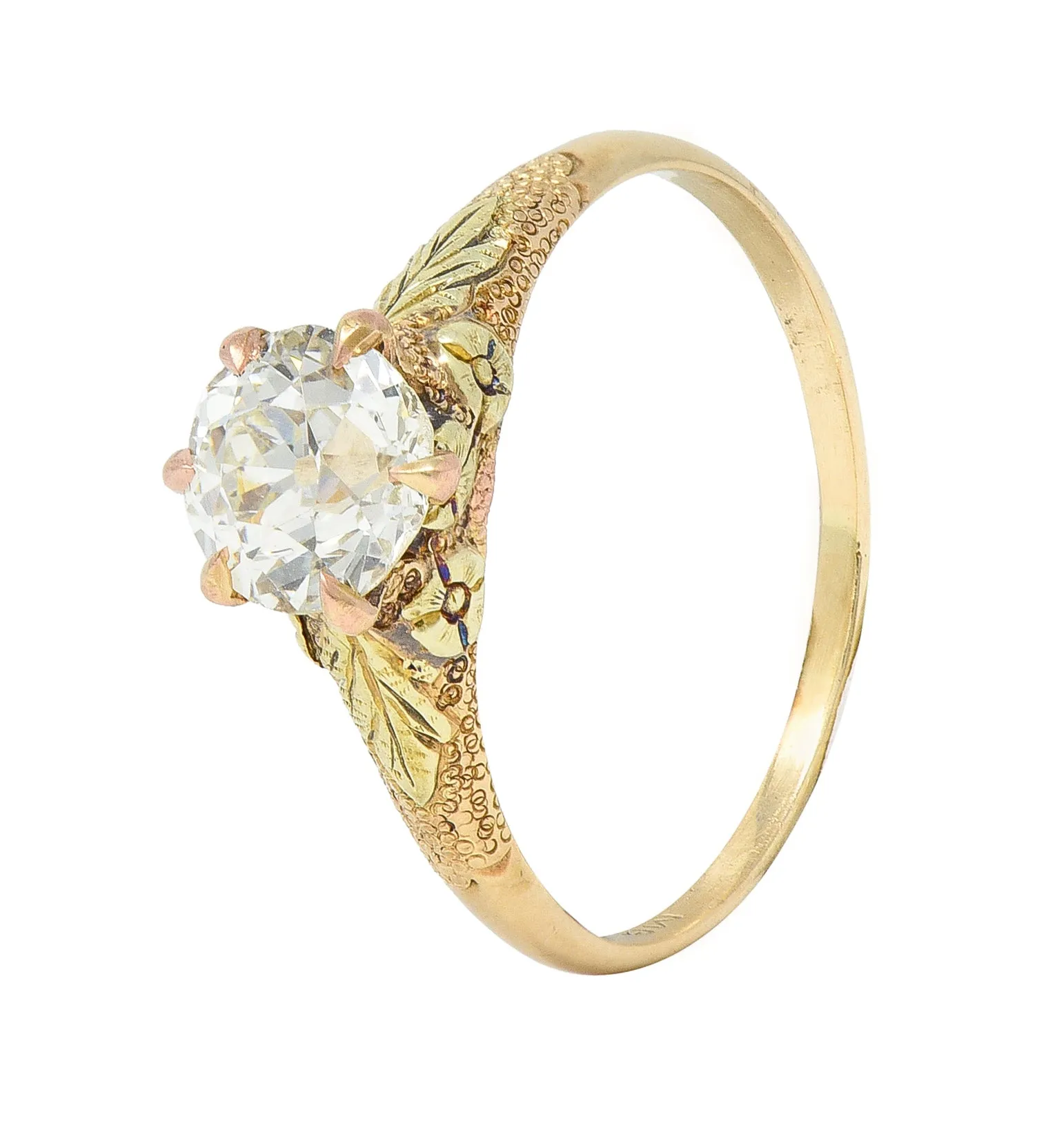 Arts & Crafts 0.90 CTW Old European Cut Diamond 14 Karat Tri-Gold Floral Antique Engagement Ring