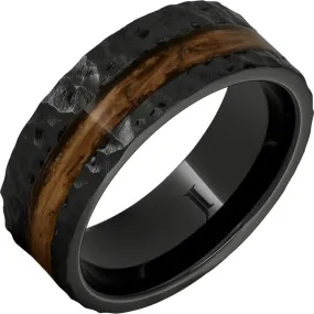 Barrel Aged Black Diamond Ceramic Ring with Bourbon Wood Inlay and Moon Crater Carving