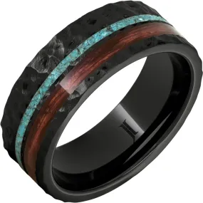 Barrel Aged Black Diamond Ceramic Ring with Cabernet and Turquoise Inlays and Moon Crater Carving