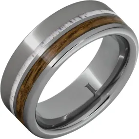 Barrel Aged Rugged Tungsten Ring with Bourbon Wood and Deer Antler Inlays