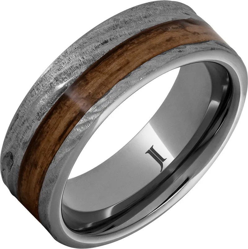 Barrel Aged Rugged Tungsten Ring with Bourbon Wood Inlay and Bark Finish