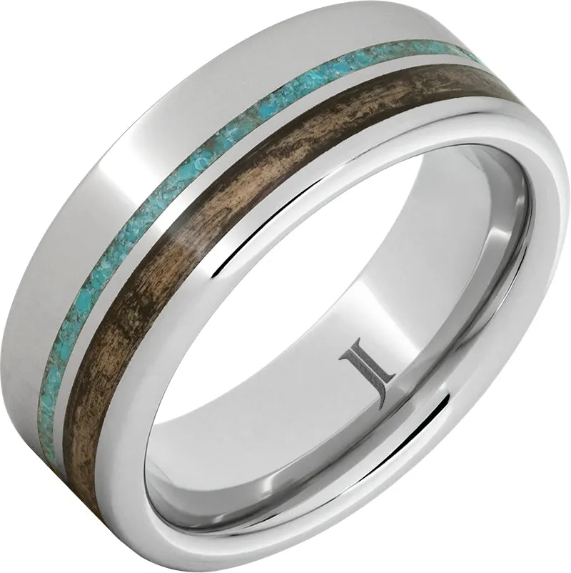 Barrel Aged Serinium Ring with Bourbon Wood and Turquoise Inlays