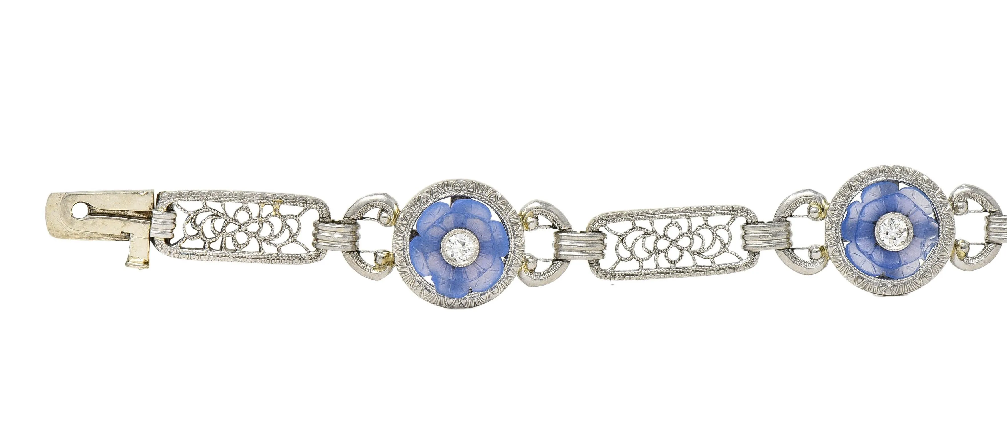 Bippart & Co. Art Deco Diamond Blue Camphor Glass Vintage Floral Link Bracelet