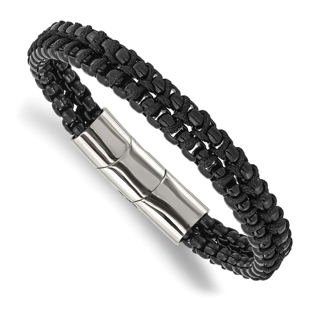 Black Plated Stainless Steel & Black Cotton Chain Bracelet, 8-8.5 Inch