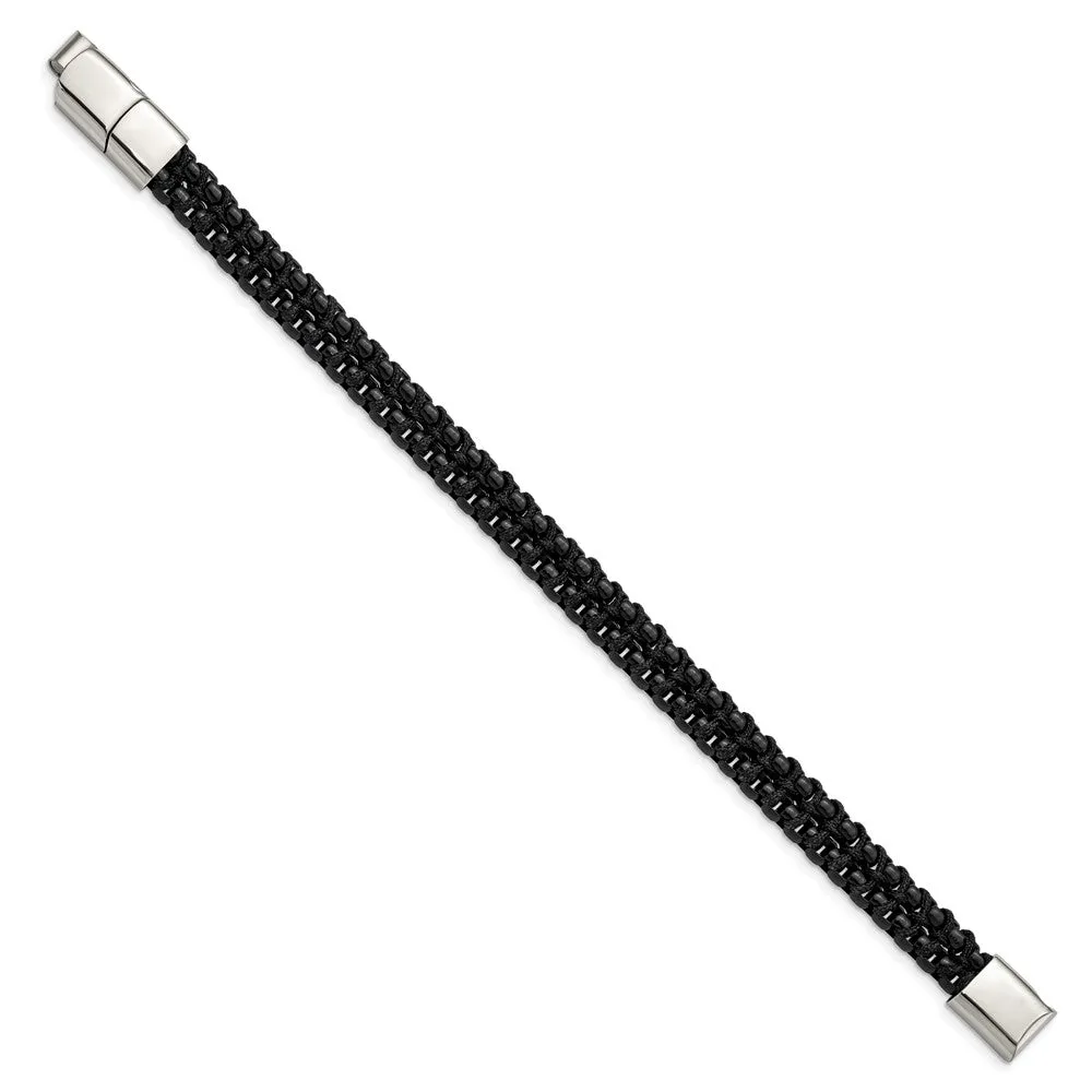 Black Plated Stainless Steel & Black Cotton Chain Bracelet, 8-8.5 Inch