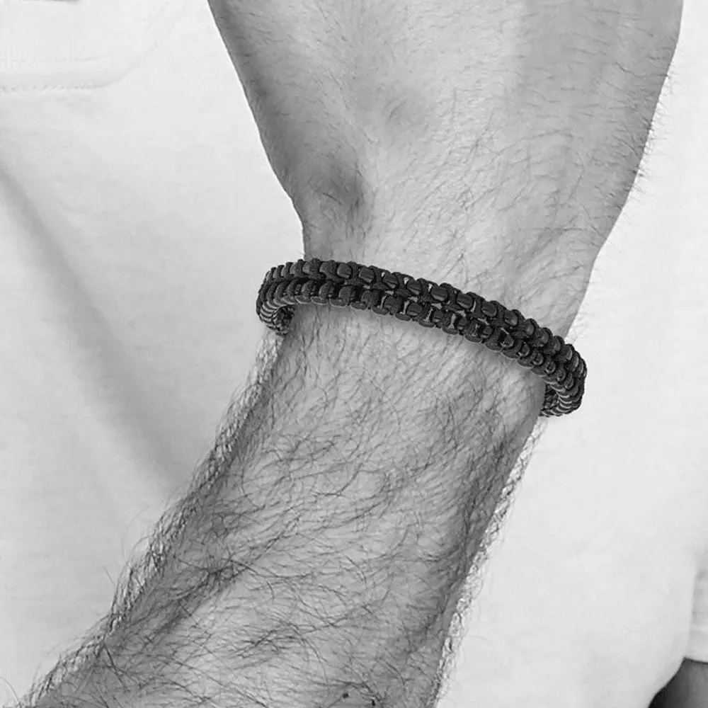 Black Plated Stainless Steel & Black Cotton Chain Bracelet, 8-8.5 Inch