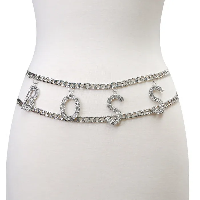 BOSS Glass Stone Pave Draped Chain Belt