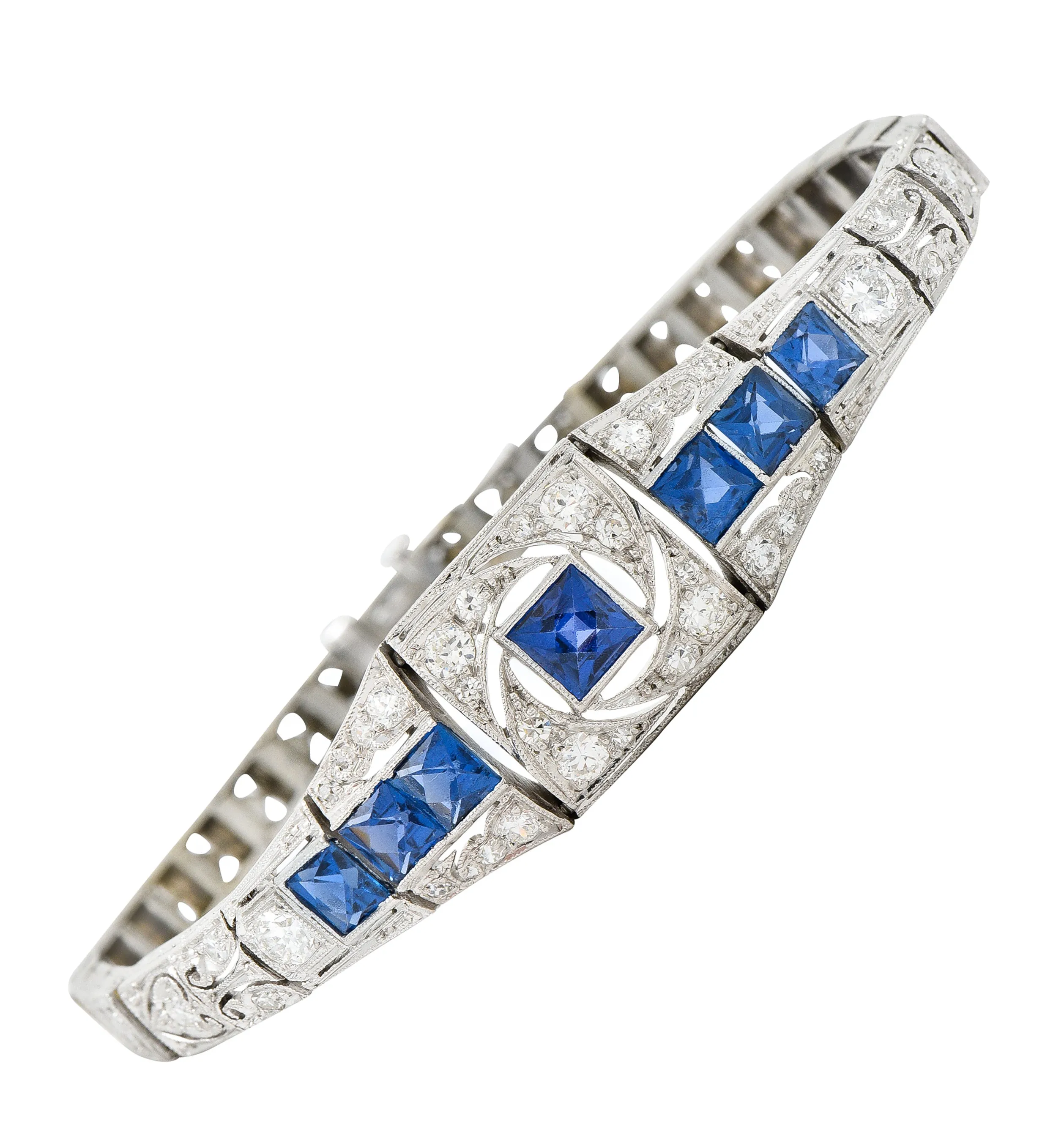 Brassler Co. Art Deco 3.25 CTW Sapphire Diamond Platinum-Topped 14 Karat Gold Floral Link Bracelet