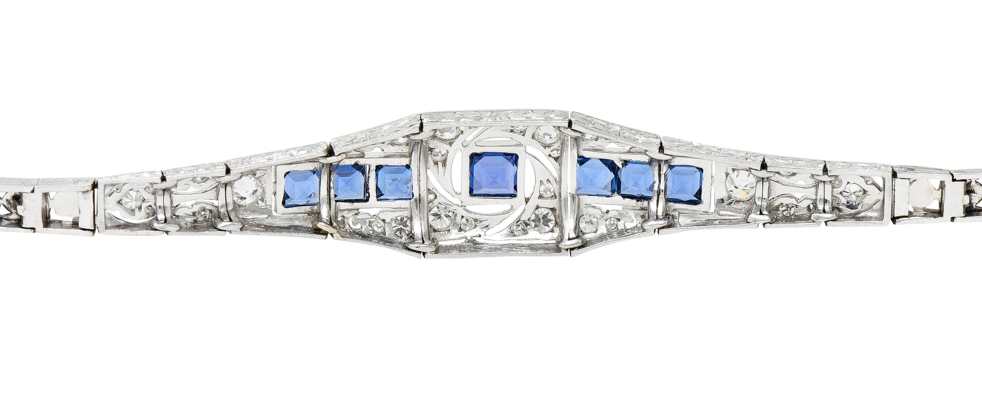 Brassler Co. Art Deco 3.25 CTW Sapphire Diamond Platinum-Topped 14 Karat Gold Floral Link Bracelet