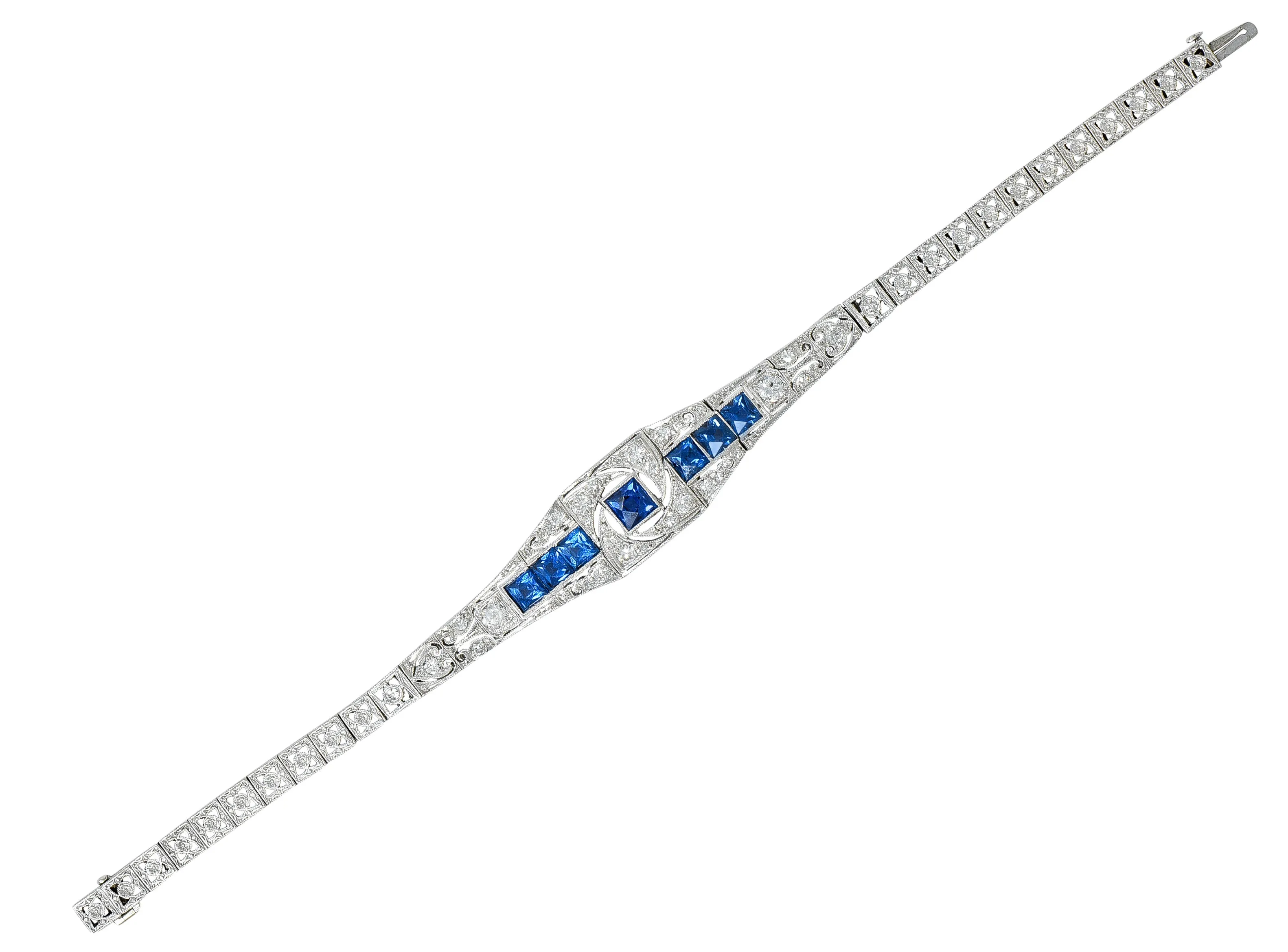 Brassler Co. Art Deco 3.25 CTW Sapphire Diamond Platinum-Topped 14 Karat Gold Floral Link Bracelet