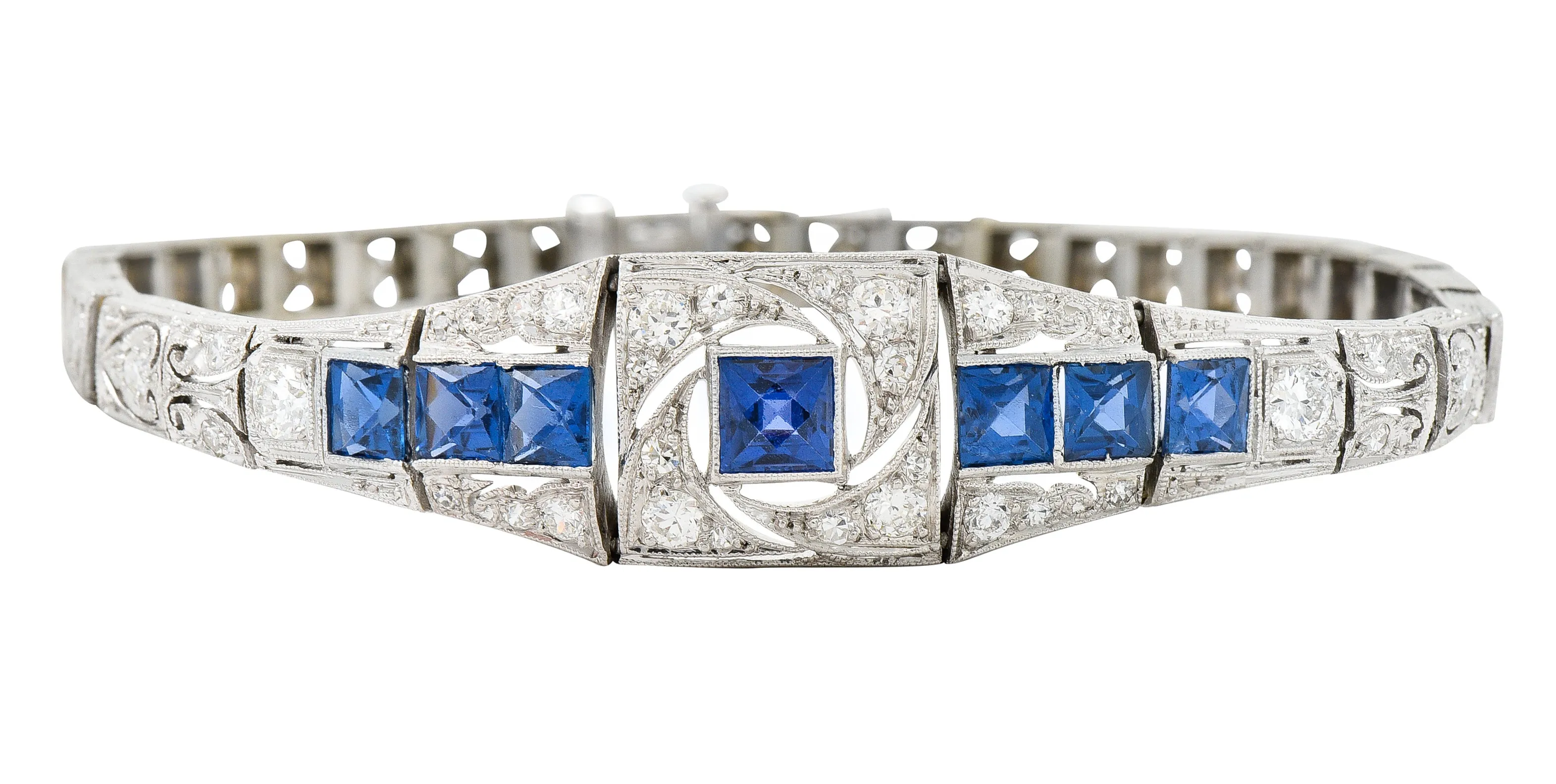 Brassler Co. Art Deco 3.25 CTW Sapphire Diamond Platinum-Topped 14 Karat Gold Floral Link Bracelet