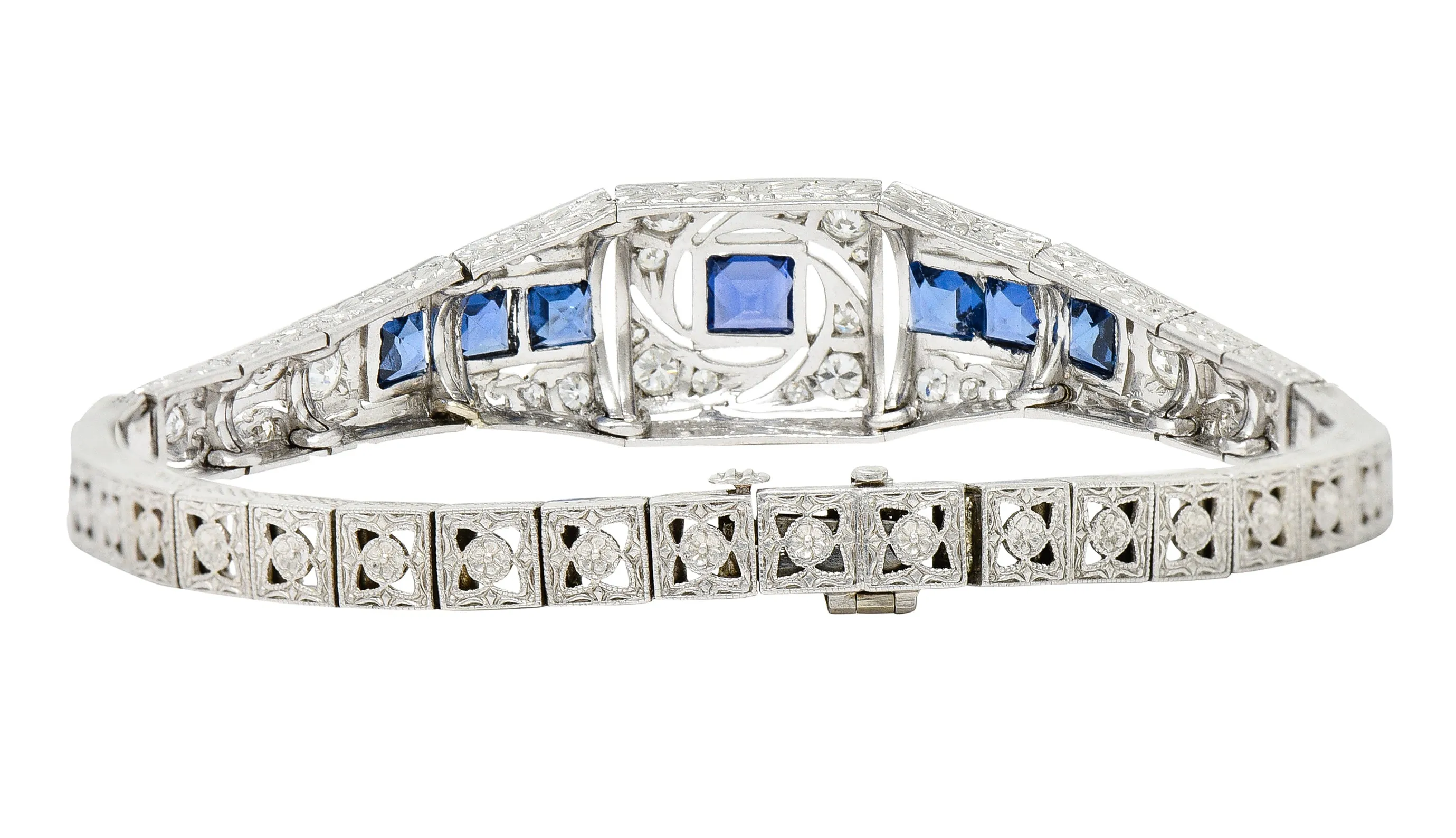 Brassler Co. Art Deco 3.25 CTW Sapphire Diamond Platinum-Topped 14 Karat Gold Floral Link Bracelet