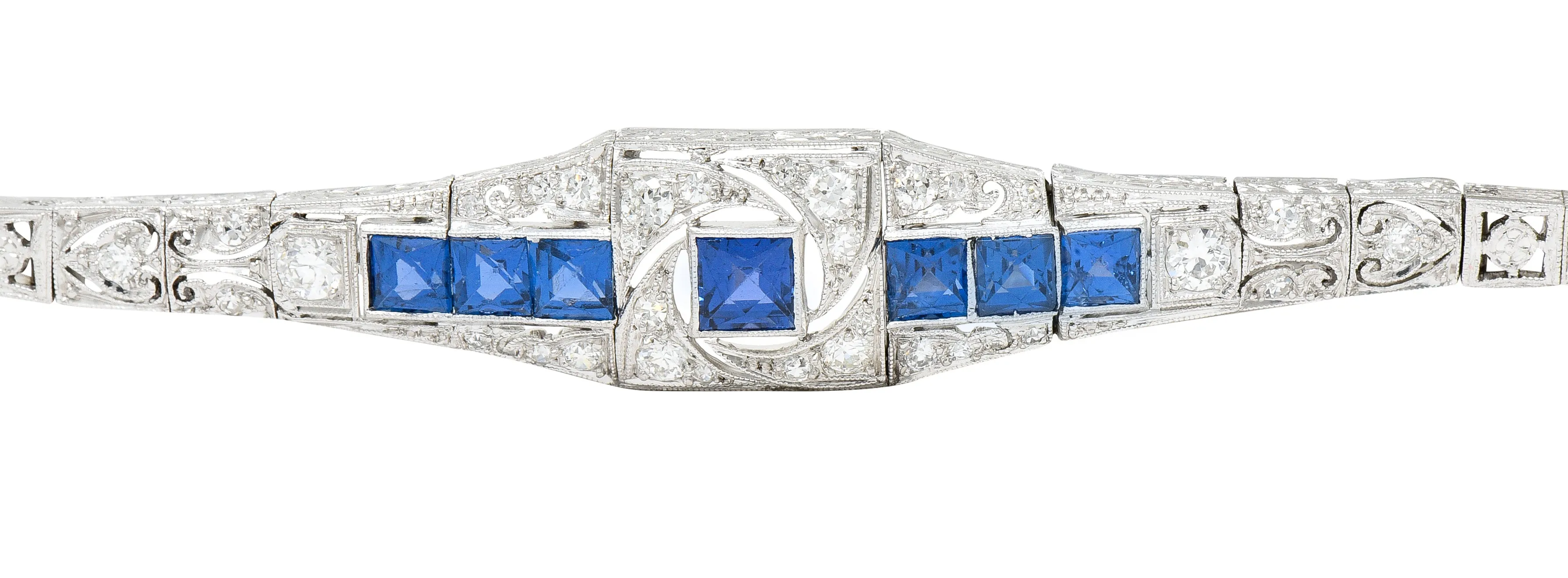 Brassler Co. Art Deco 3.25 CTW Sapphire Diamond Platinum-Topped 14 Karat Gold Floral Link Bracelet