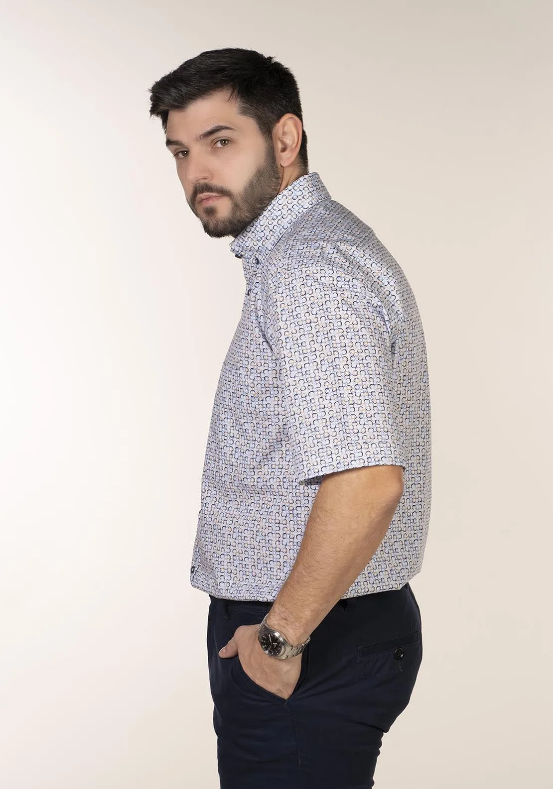 Casual Patterned Short Sleeve Shirt - Blue / Beige