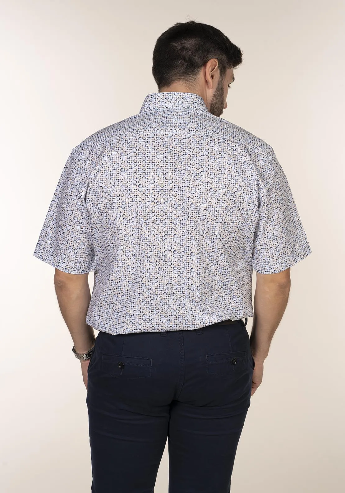 Casual Patterned Short Sleeve Shirt - Blue / Beige