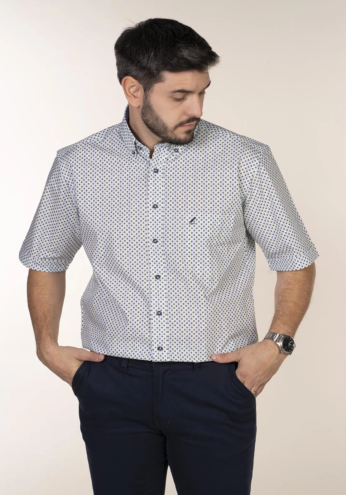 Casual Patterned Short Sleeve Shirt - Lime