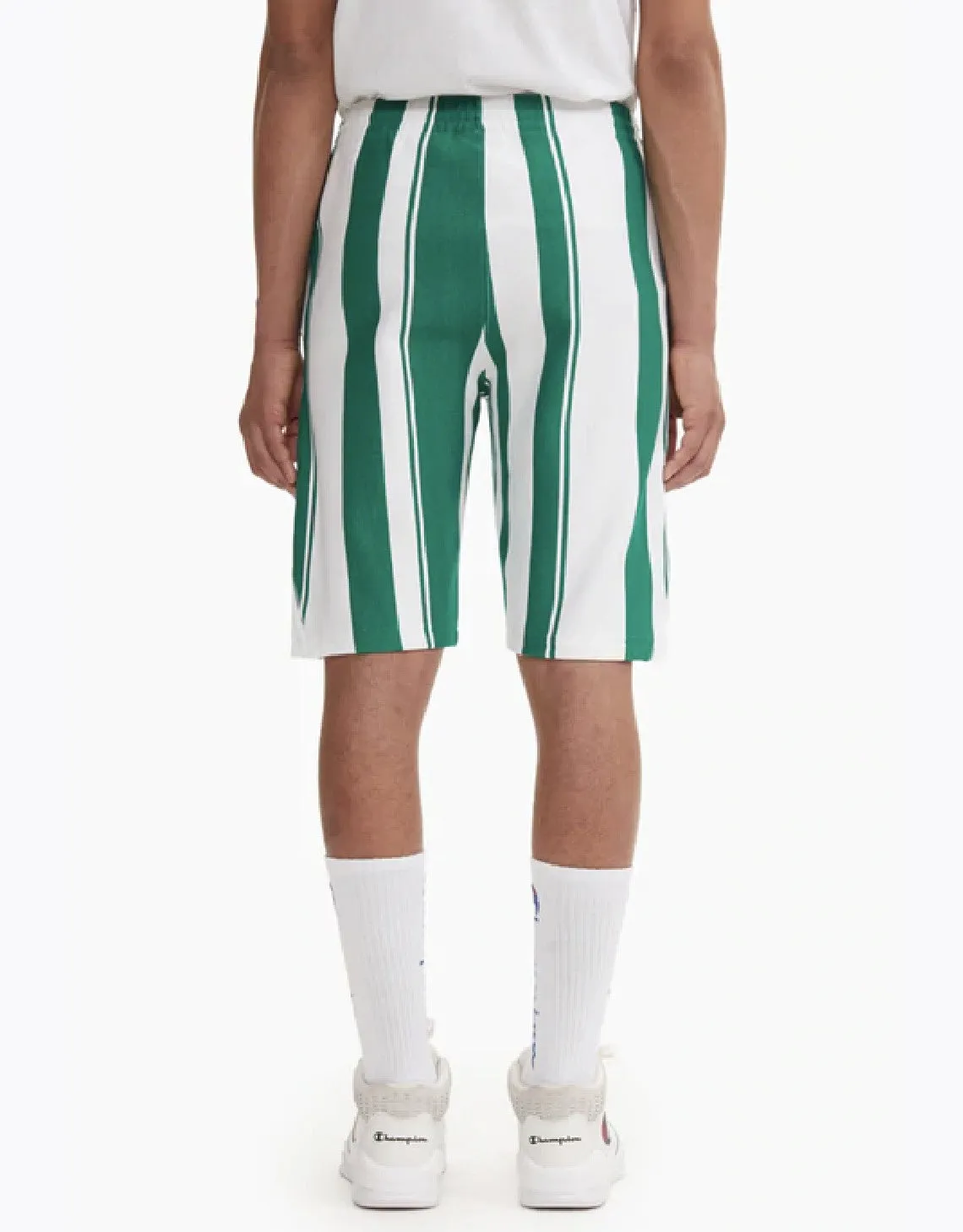 CHAMPION EUROPEGRAPHIC STRIPE REVERSE WEAVE SHORTS WHITE/GREEN STRIPES