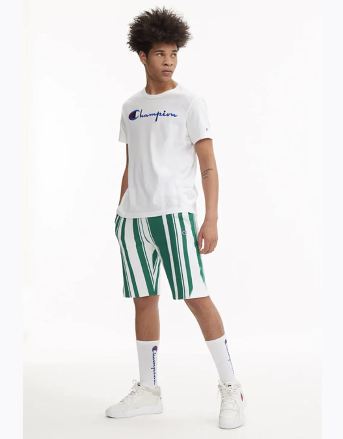 CHAMPION EUROPEGRAPHIC STRIPE REVERSE WEAVE SHORTS WHITE/GREEN STRIPES