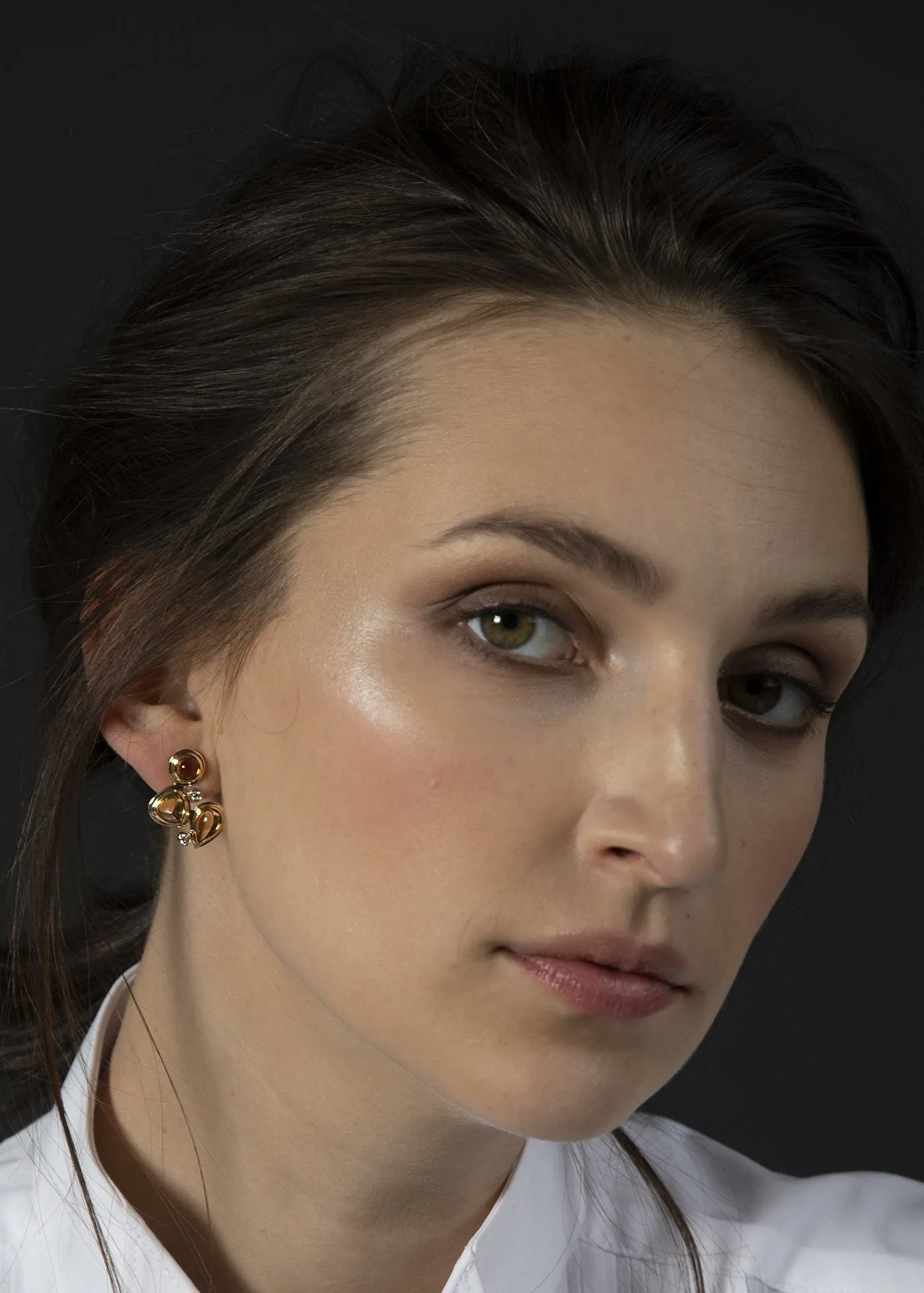 Citrine & Diamond 18K Gold Post Earrings, Mosaic 3 Stone