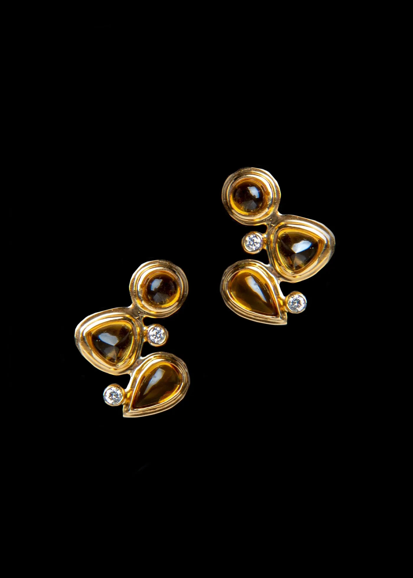 Citrine & Diamond 18K Gold Post Earrings, Mosaic 3 Stone