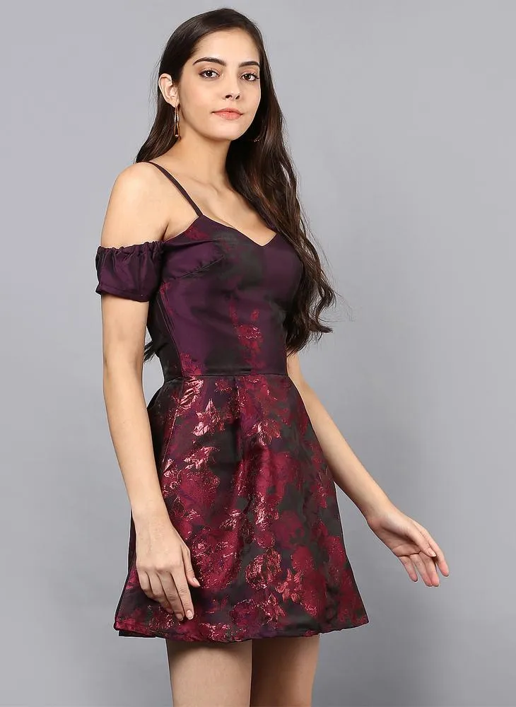 Cold Shoulder Floral Brocade Dress