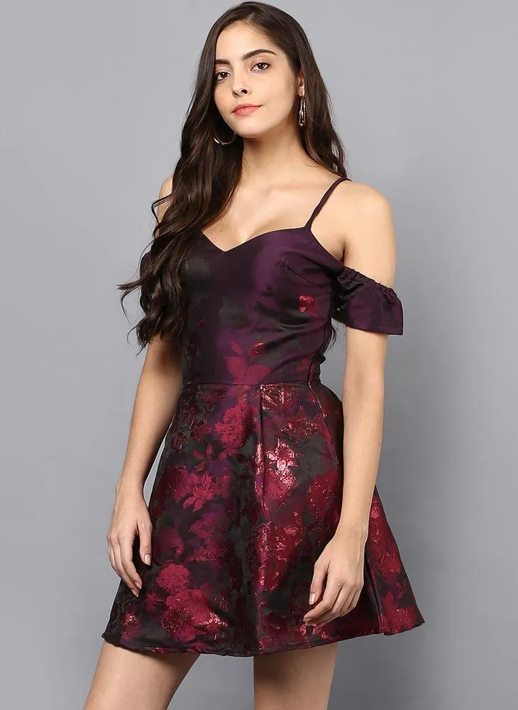 Cold Shoulder Floral Brocade Dress