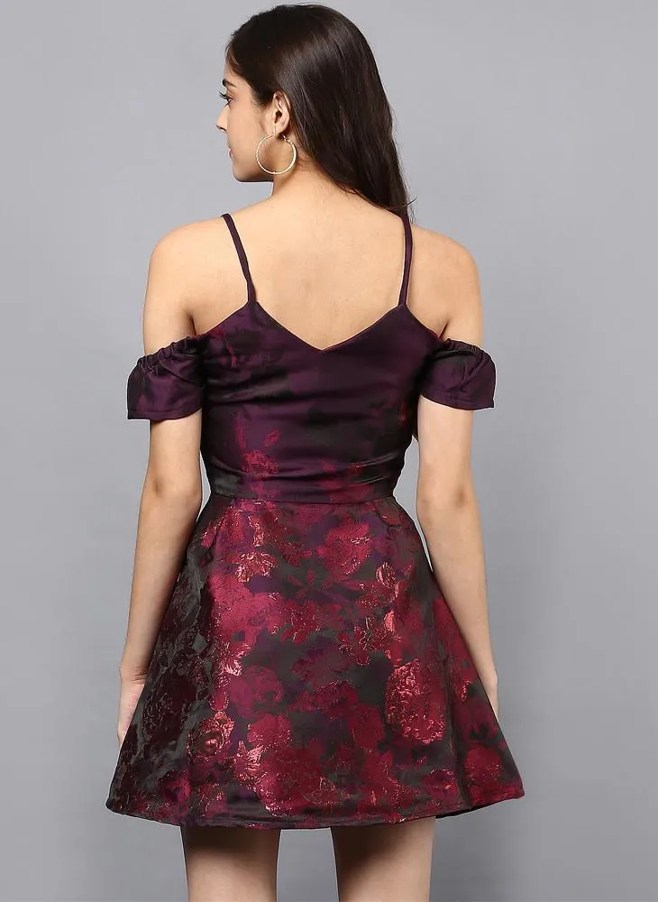 Cold Shoulder Floral Brocade Dress