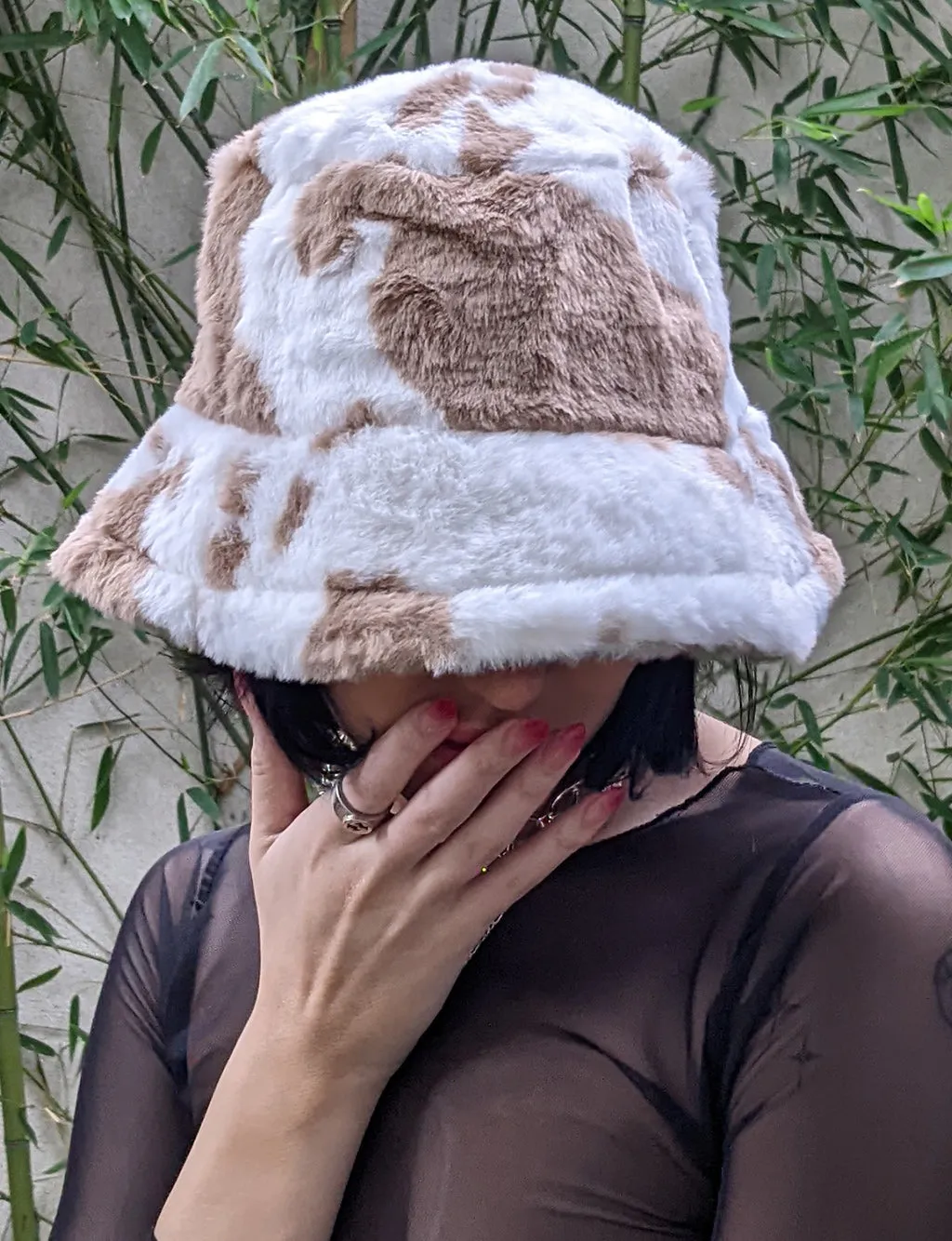 COW PRINT FUZZY HAT - LIGHT BROWN