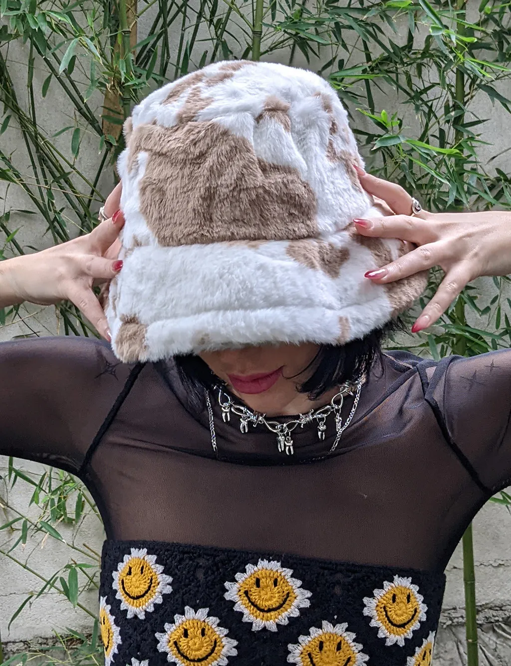 COW PRINT FUZZY HAT - LIGHT BROWN