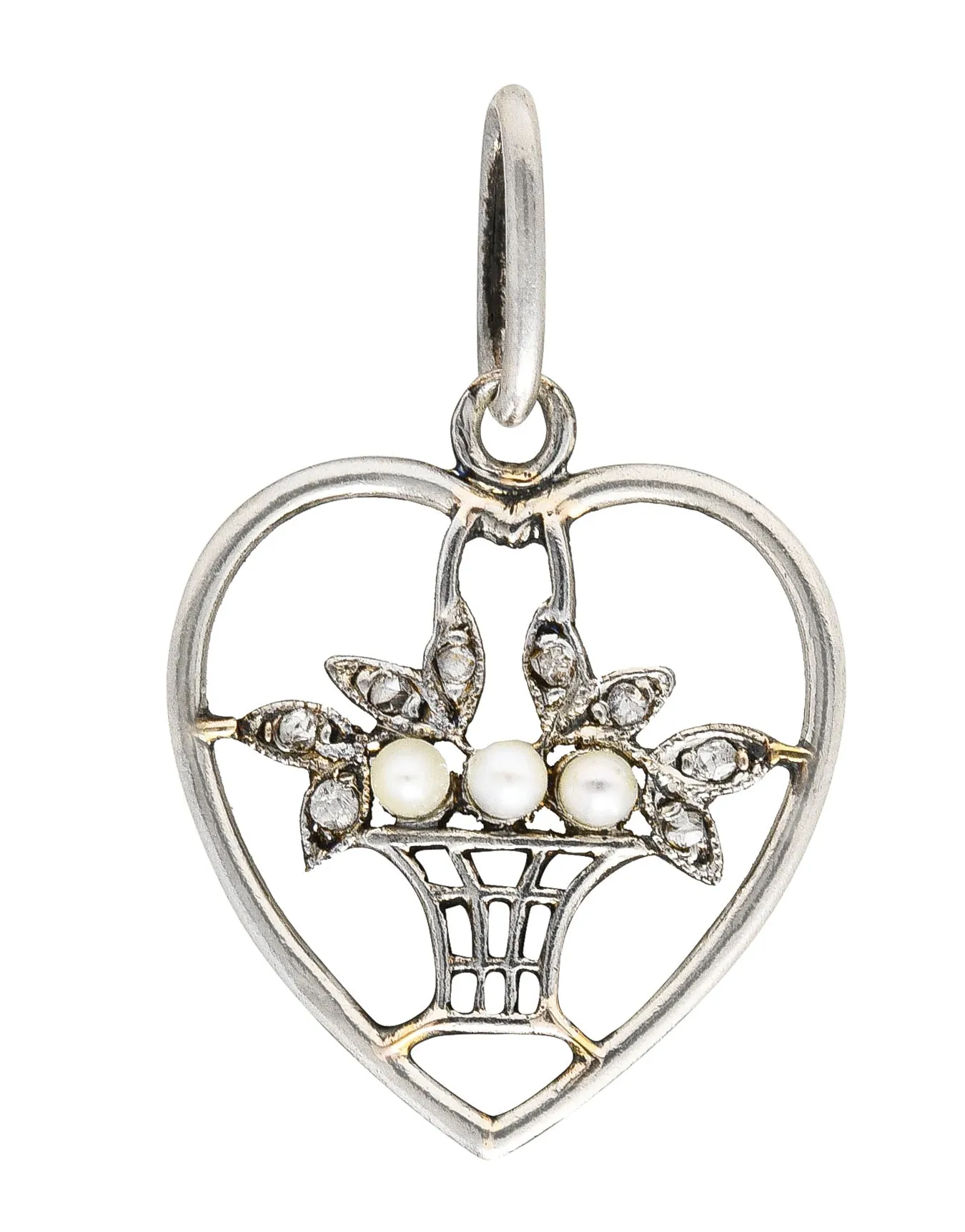 Edwardian Diamond Pearl Platinum-Topped 18 Karat Gold Giradinetto Floral Heart Charm