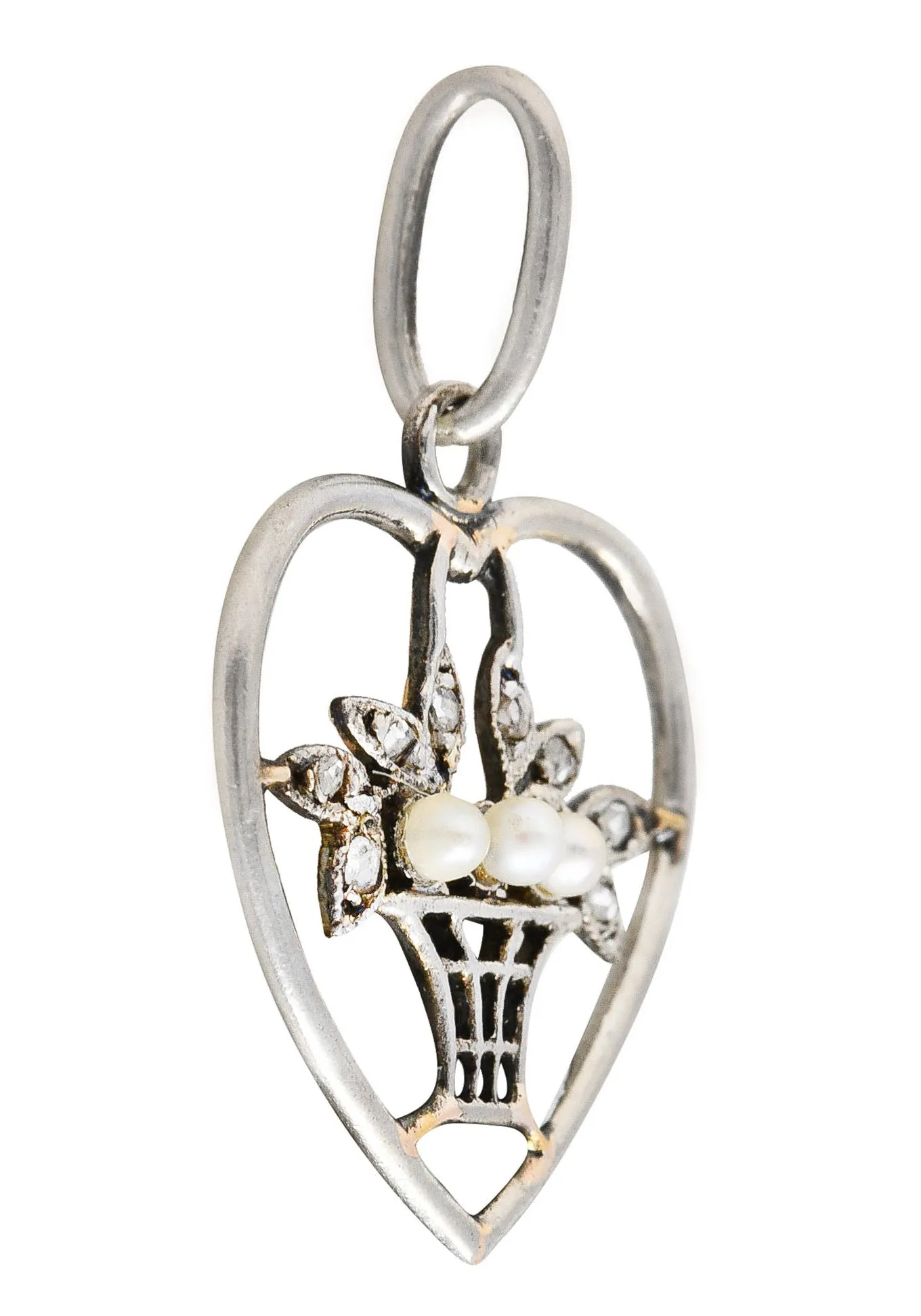 Edwardian Diamond Pearl Platinum-Topped 18 Karat Gold Giradinetto Floral Heart Charm