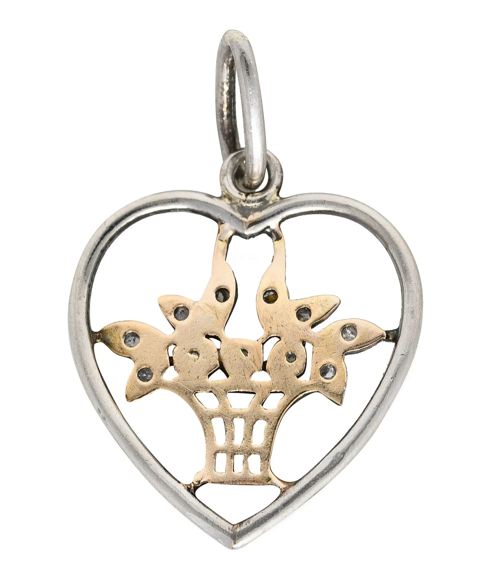 Edwardian Diamond Pearl Platinum-Topped 18 Karat Gold Giradinetto Floral Heart Charm