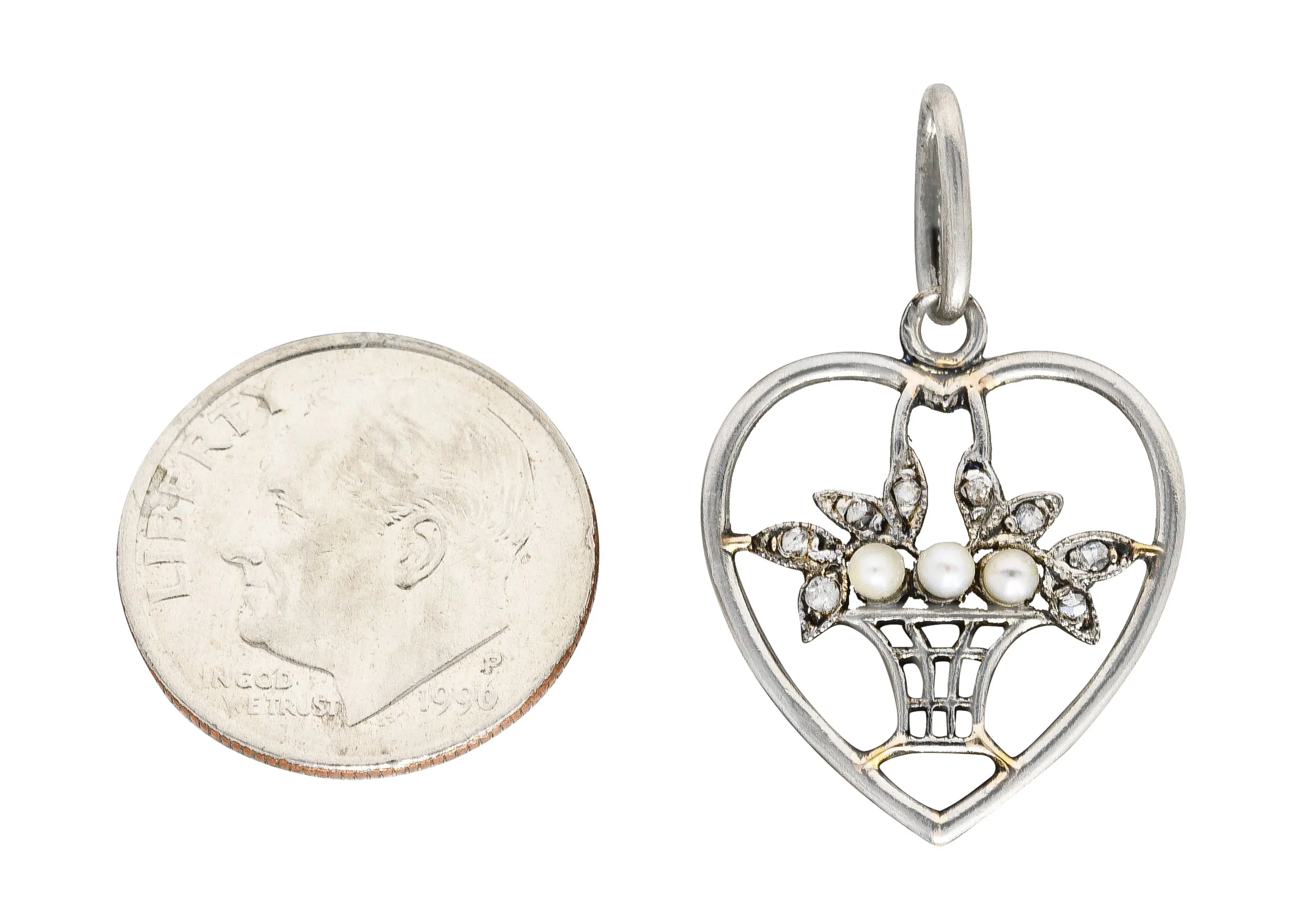 Edwardian Diamond Pearl Platinum-Topped 18 Karat Gold Giradinetto Floral Heart Charm