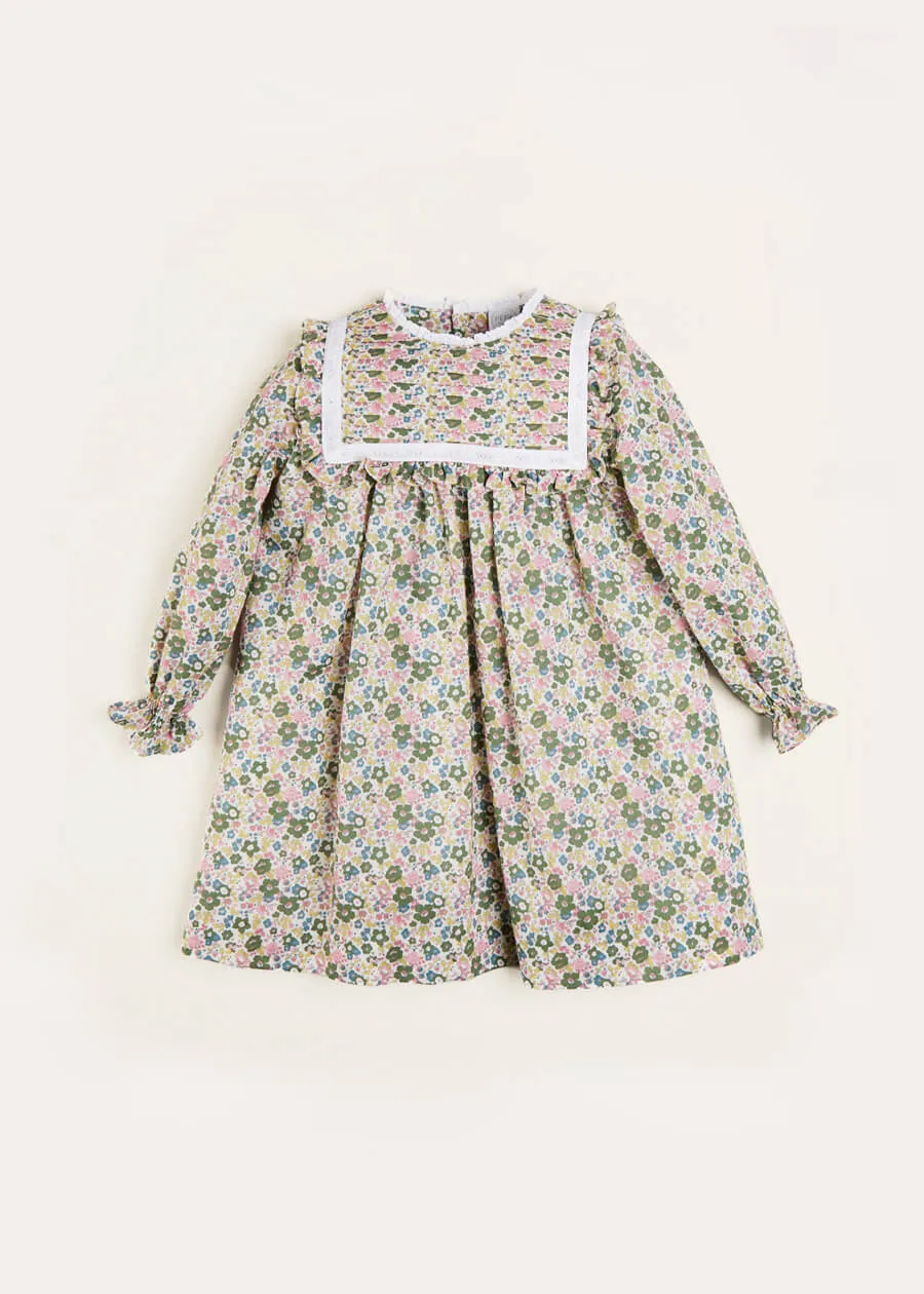 Emilia Floral Print Pleated Front Long Sleeve Dress in Green (18mths-10yrs)