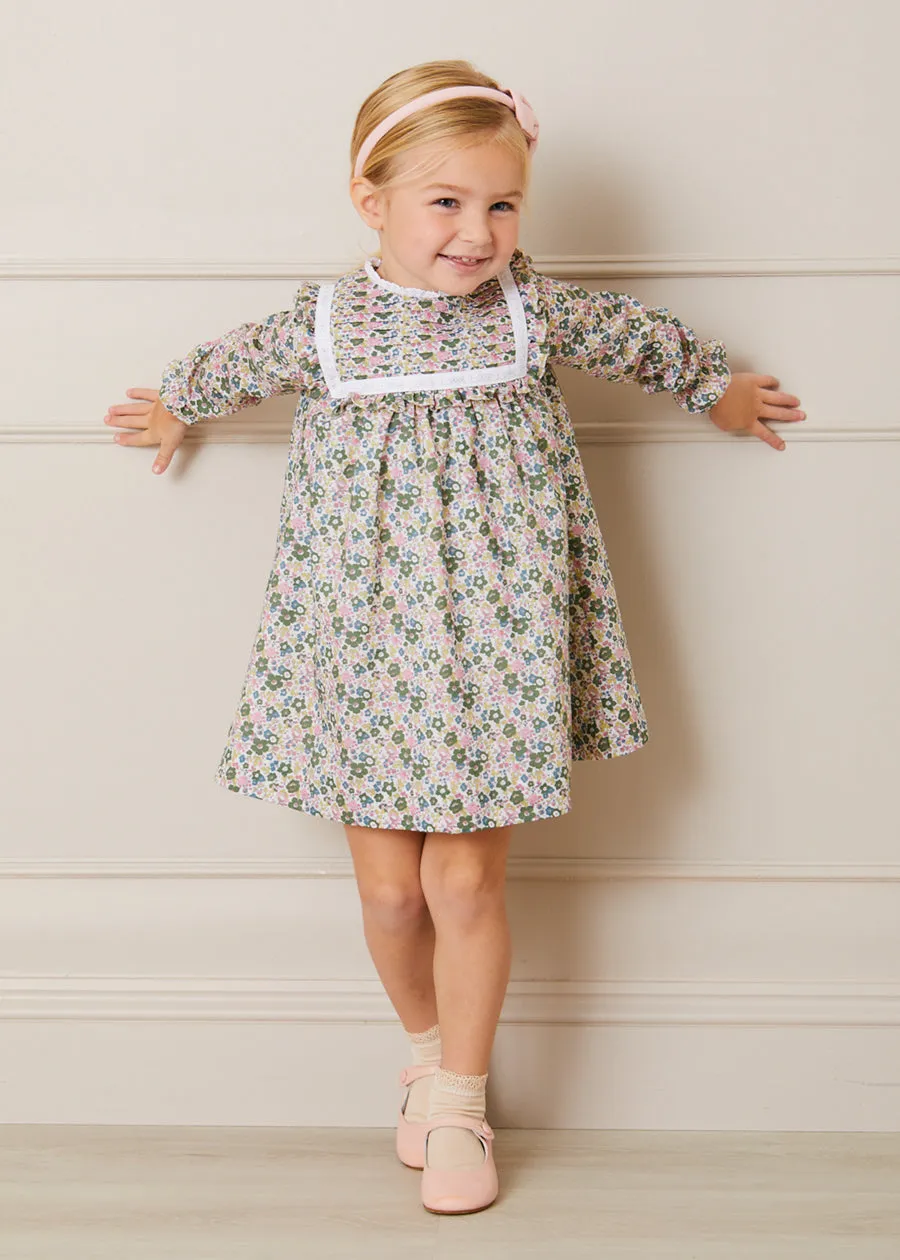 Emilia Floral Print Pleated Front Long Sleeve Dress in Green (18mths-10yrs)