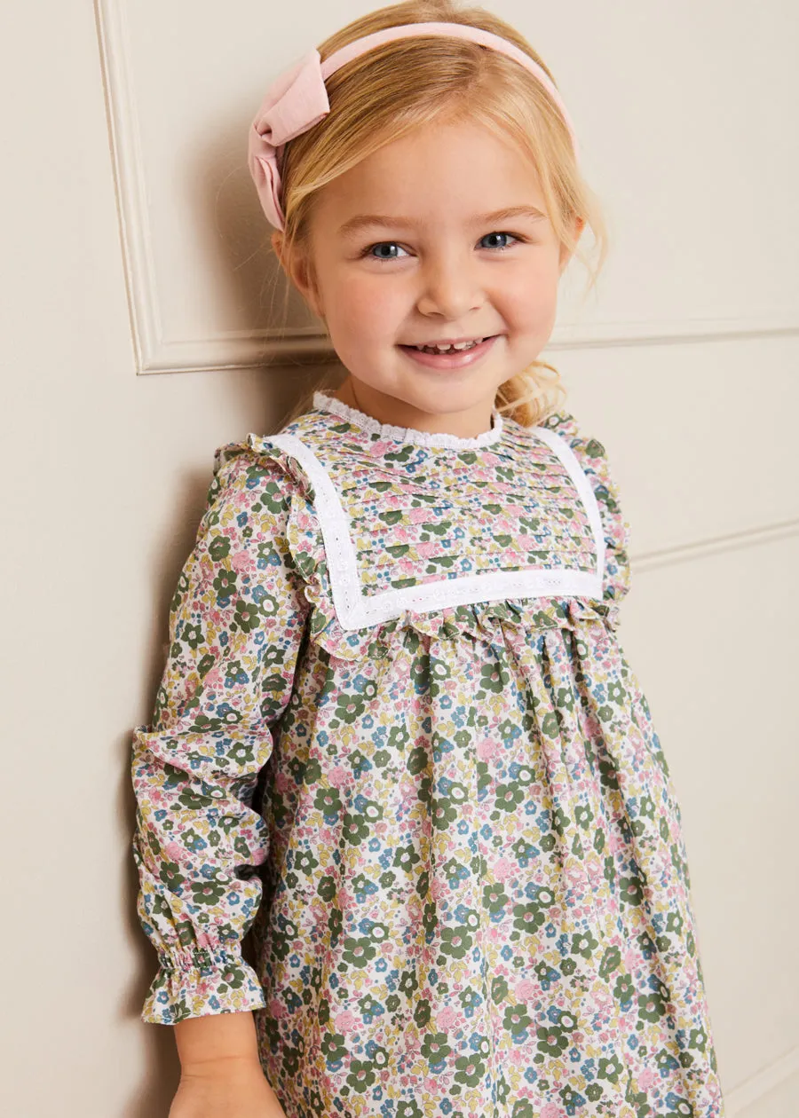 Emilia Floral Print Pleated Front Long Sleeve Dress in Green (18mths-10yrs)